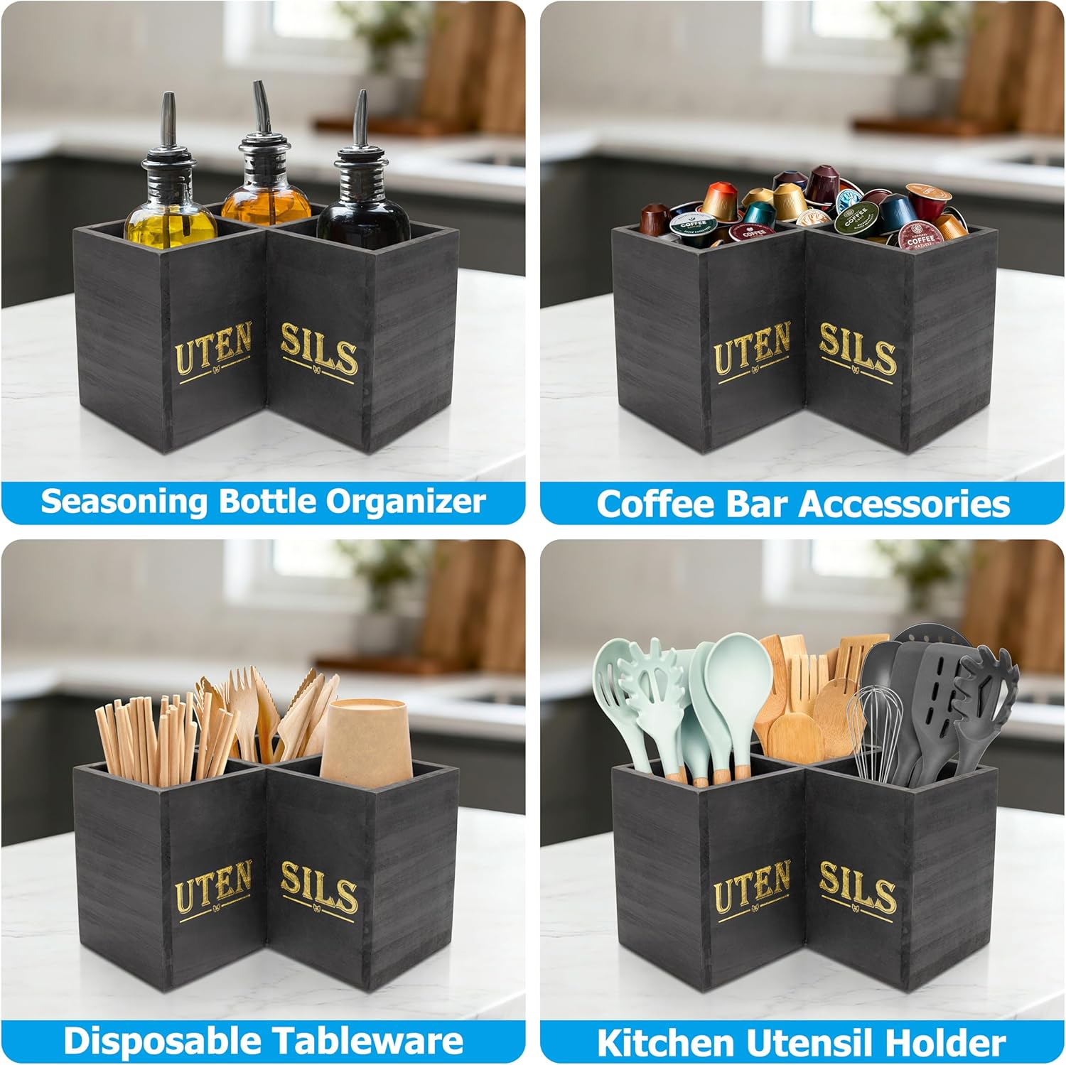RedCall Kitchen Utensils Holder,Extra Large 3 Compartments Corner Utensil Caddy for Countertop,Wooden Farmhouse Utensil Organizer