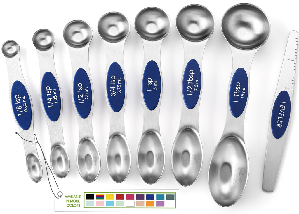 Spring Chef Stainless Steel Magnetic Measuring Spoons Set with Strong N45 Magnets, Heavy Duty Metal Kitchen Gadgets for Baking & Cooking, Fits in Most Kitchen Spice Jars, Set of 8 with Leveler, Black