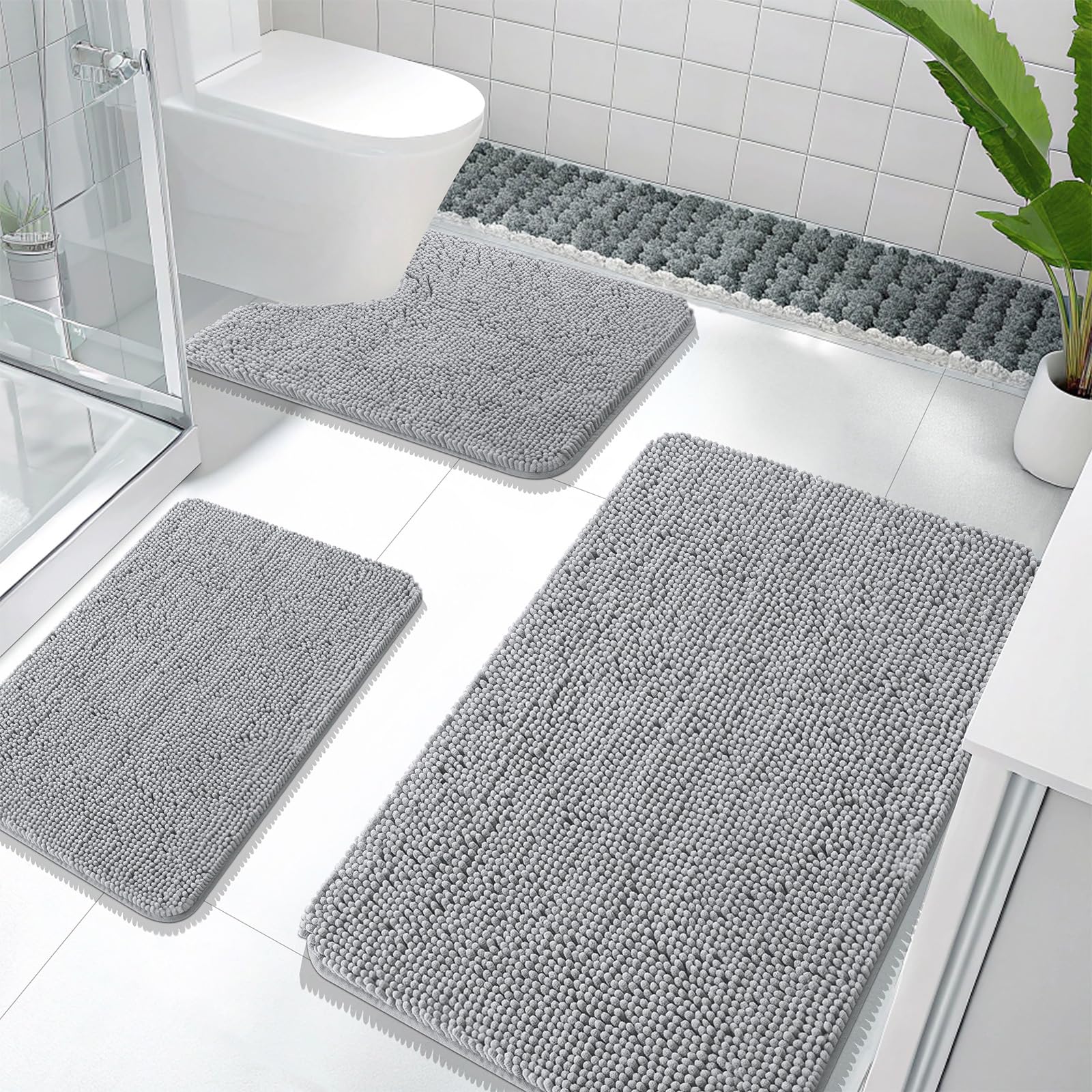OLANLY Bathroom Rugs Sets 3 Piece, Soft Absorbent Chenille Bath Mats and U-Shaped Contour Toilet Rug, Quick Dry, Home Decor Accessories, Bath Mat Set for Bathroom (30"x20"+24"x16"+24"x20", Grey)