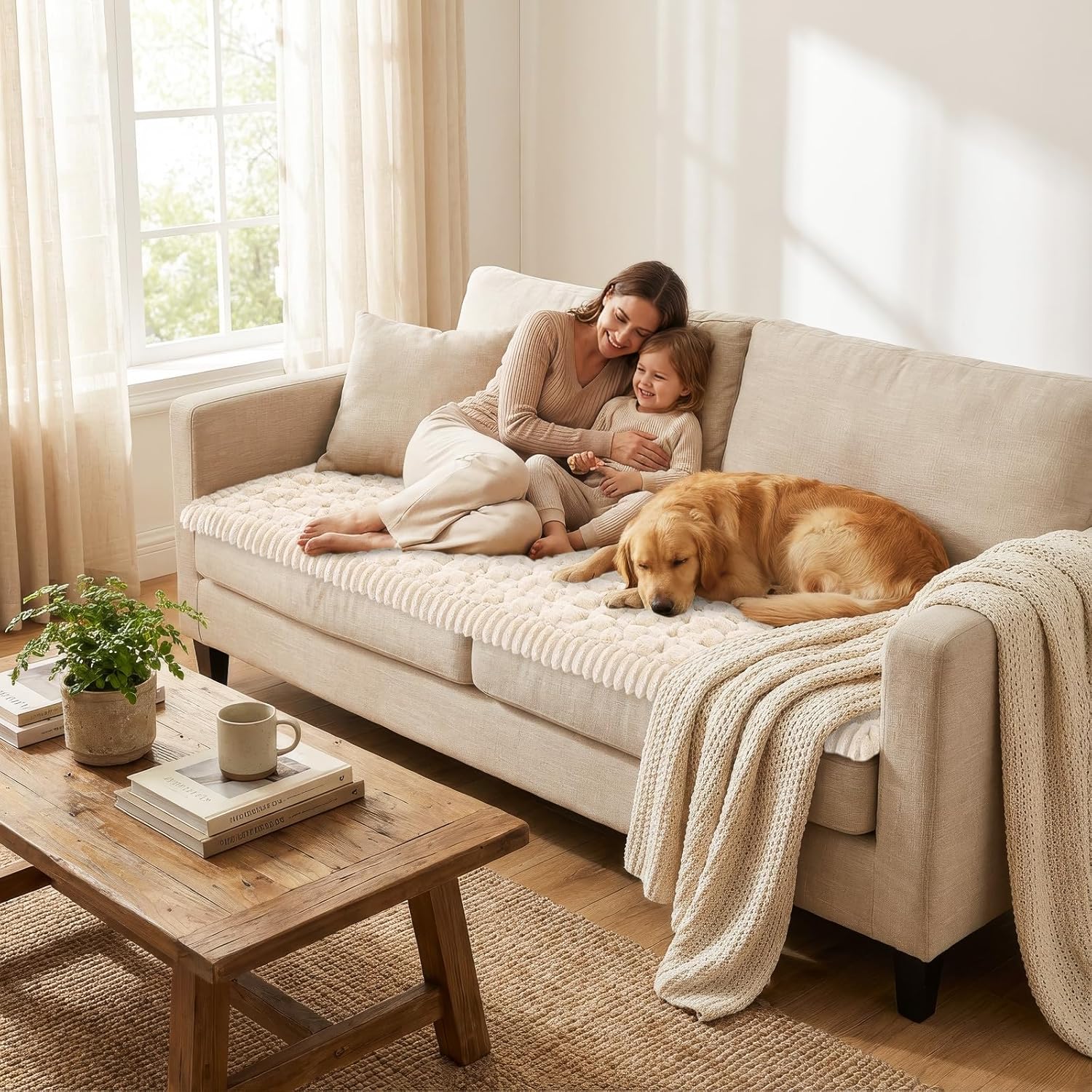 Smiry Couch Covers for Dogs Washable, Non Slip Fuzzy Pet Couch Covers for Sofa, Soft Thick Sofa Slipcovers Furniture Protector Pet Friendly (Cream, 27.6" x 59")