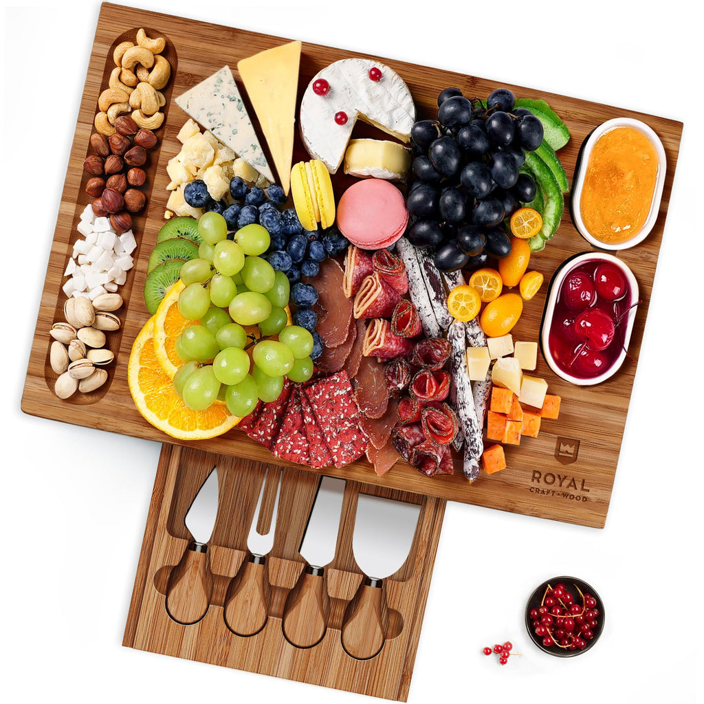 ROYAL CRAFT WOOD Premium Bamboo Charcuterie Board Set - Cheese Platter & Serving Tray & Serving Utensils - Perfect Housewarming Gift, Wedding, Bridal Shower Gift - Ideal for Entertaining and New Home