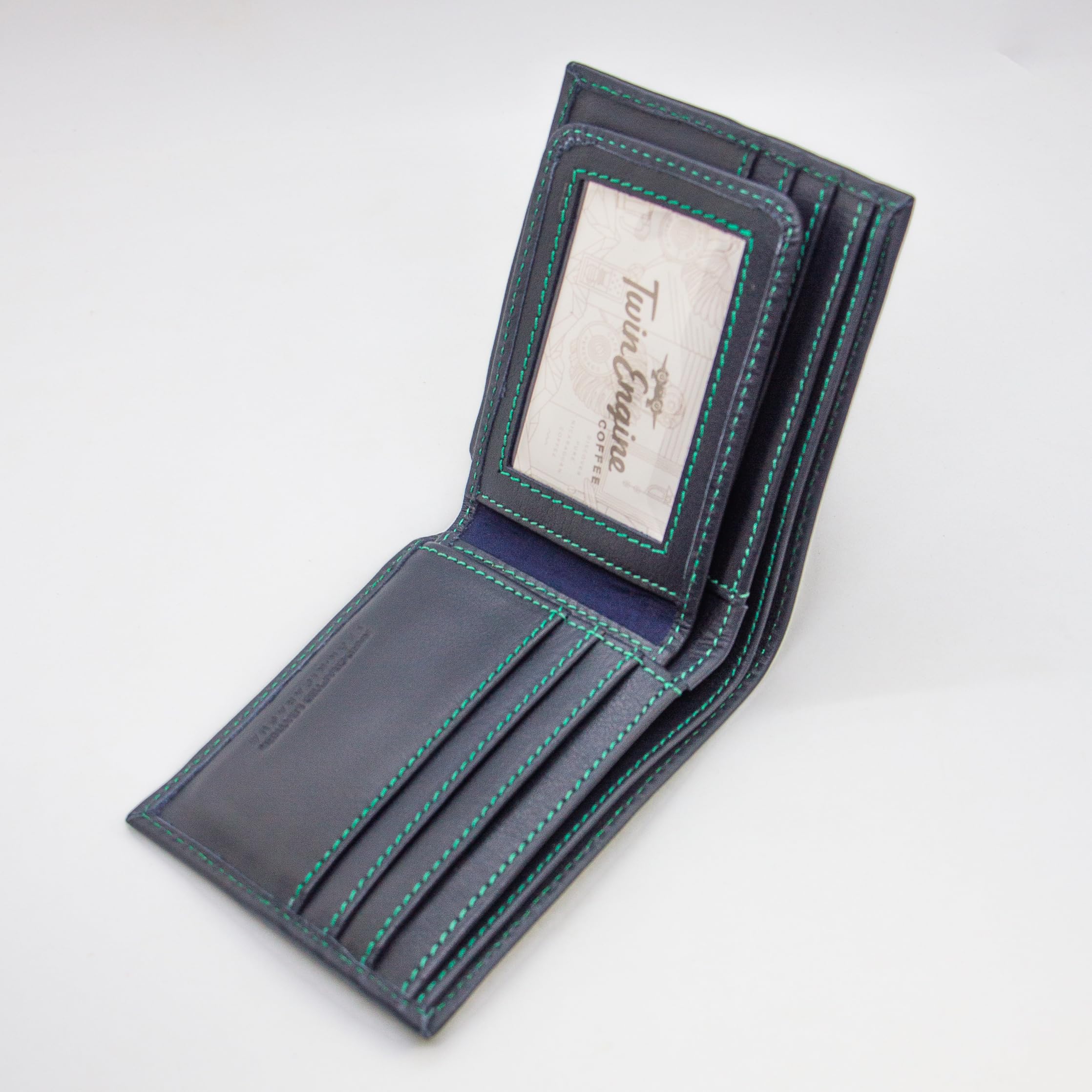 TWIN ENGINE COFFEE Handcrafted Leather Wallet, Extra Capacity Bifold Wallet with Bonus Insert + 2 ID Windows, Hand Stitched Top Grain, Slim Billfold with 8 Card Slots, Origin Creations (Deep Ocean)