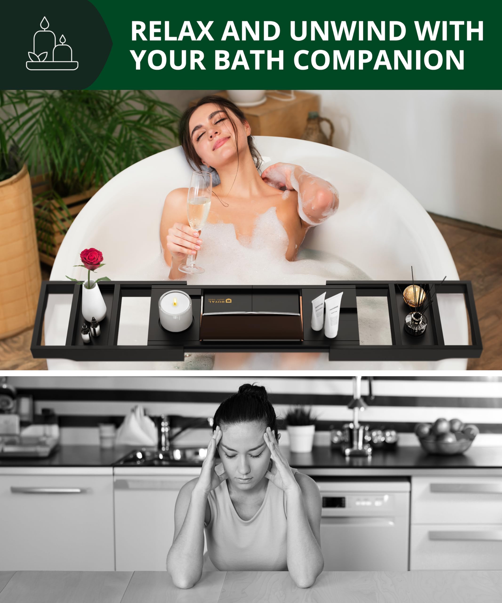 ROYAL CRAFT WOOD Premium Foldable Bathtub Tray Caddy - Wood Bath Tray for Tub, Bamboo Shelf, Expandable Bath Table Trays, Bathtub & Bathroom Accessories for New Home & Mothers, Birthday Gifts for Mom