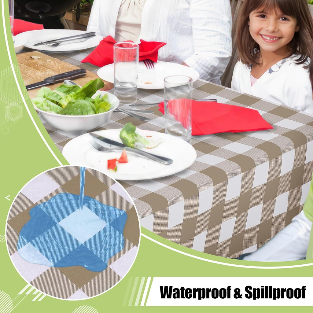 Smiry Rectangle Table Cloth, Waterproof Vinyl Tablecloths with Flannel Backing, Wipeable Buffalo Plaid Table Cover for Dining, Indoor and Outdoor (Khaki & White, 60"x84")