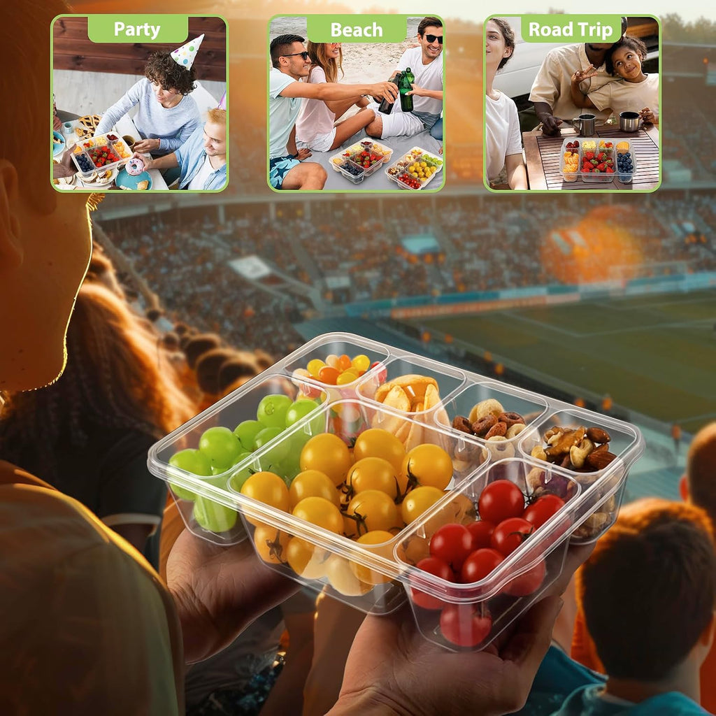 Freshmage Snackle Box Container - 2 Pack, 7 Compartment Divided Serving Tray with Lid, Portable Clear Snack Box Containers for Candy, Fruits, Nuts, and Snacks – Perfect for Travel, Parties, Picnics