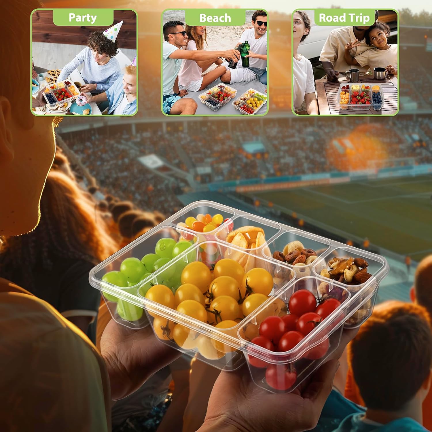 Freshmage Snackle Box Container - 2 Pack, 7 Compartment Divided Serving Tray with Lid, Portable Clear Snack Box Containers for Candy, Fruits, Nuts, and Snacks – Perfect for Travel, Parties, Picnics