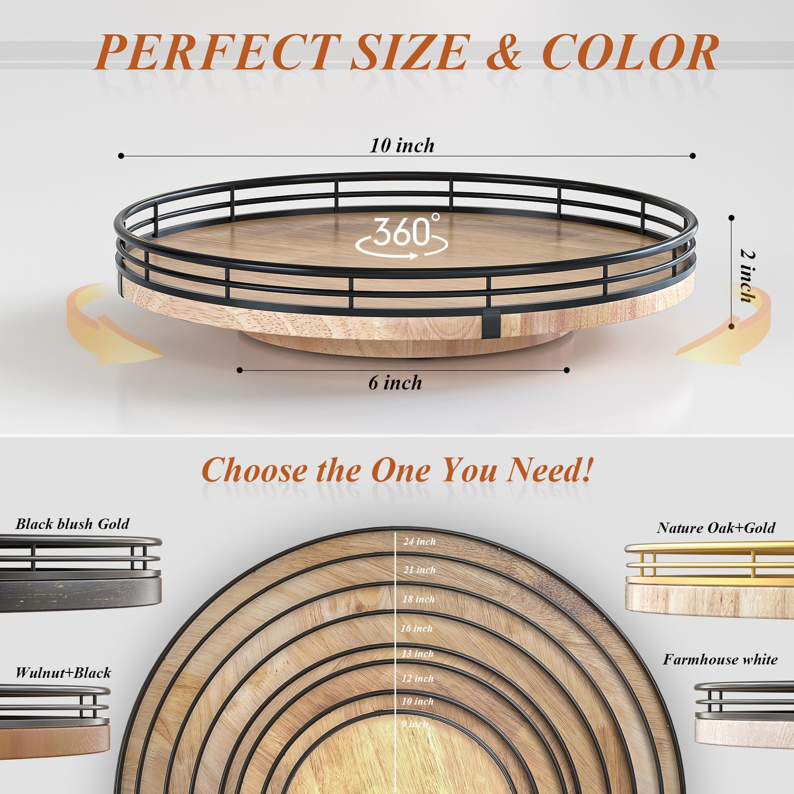 Farmhouse Oak 9" Lazy Susan Turntable Organizer for Cabinet, Round Wooden Lazy Susan Organization and Storage for Dining Table, Pantry, Kitchen, Countertop, Cupboard,Home Decor, Walnut Wood
