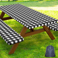 Smiry Picnic Table Cover with Bench Covers, Waterproof Elastic Fitted Tablecloths for 6 Foot Rectangle Tables, Washable Buffalo Plaid Tablecloth for Camping, Outdoor (Black & White, 30"x72")