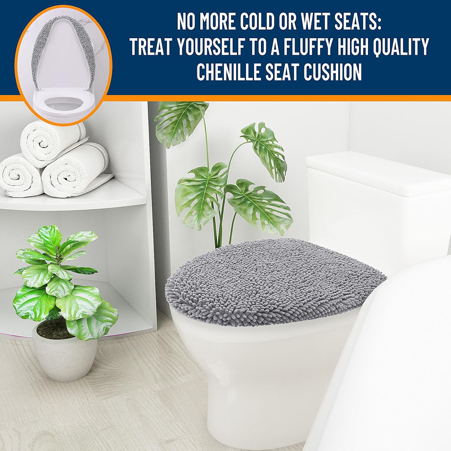 OLANLY Soft Chenille Bathroom Toilet Lid Cover, Machine Washable Seat Covers, 17.5x15, Stays in Place Rubber Backing, Fits Most Round, Elongated and Oblong Lids, Accessories Decor, Gray