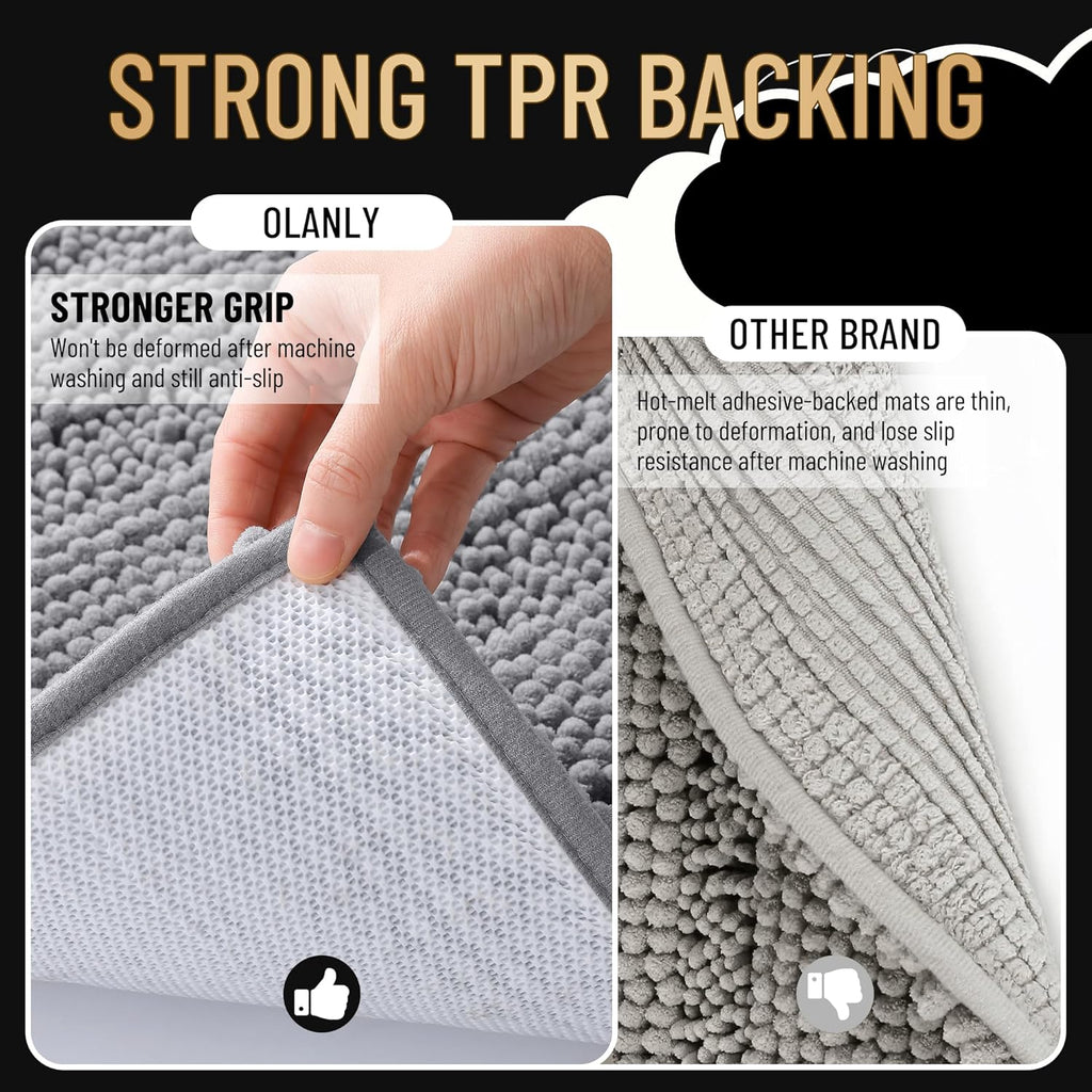 OLANLY Thick Bathroom Rugs 30x20, Extra Soft Absorbent Chenille Striped Bath Rugs, Rubber Backing, Machine Wash Dry, Bath Mats for Bathroom Floor, Tub and Shower, Home Decor Accessories, Grey
