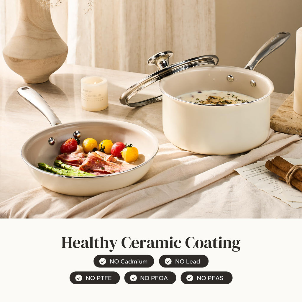 Redchef Sauce Pan & Frying Pan Set, 8" Ceramic Nonstick Fryingpan & 2.5Qt Saucepan with Lid, Mini Cookware Set, Induction Compatible, Nontoxic PTFE PFOA Free, Oven & Dishwasher Safe, Beige