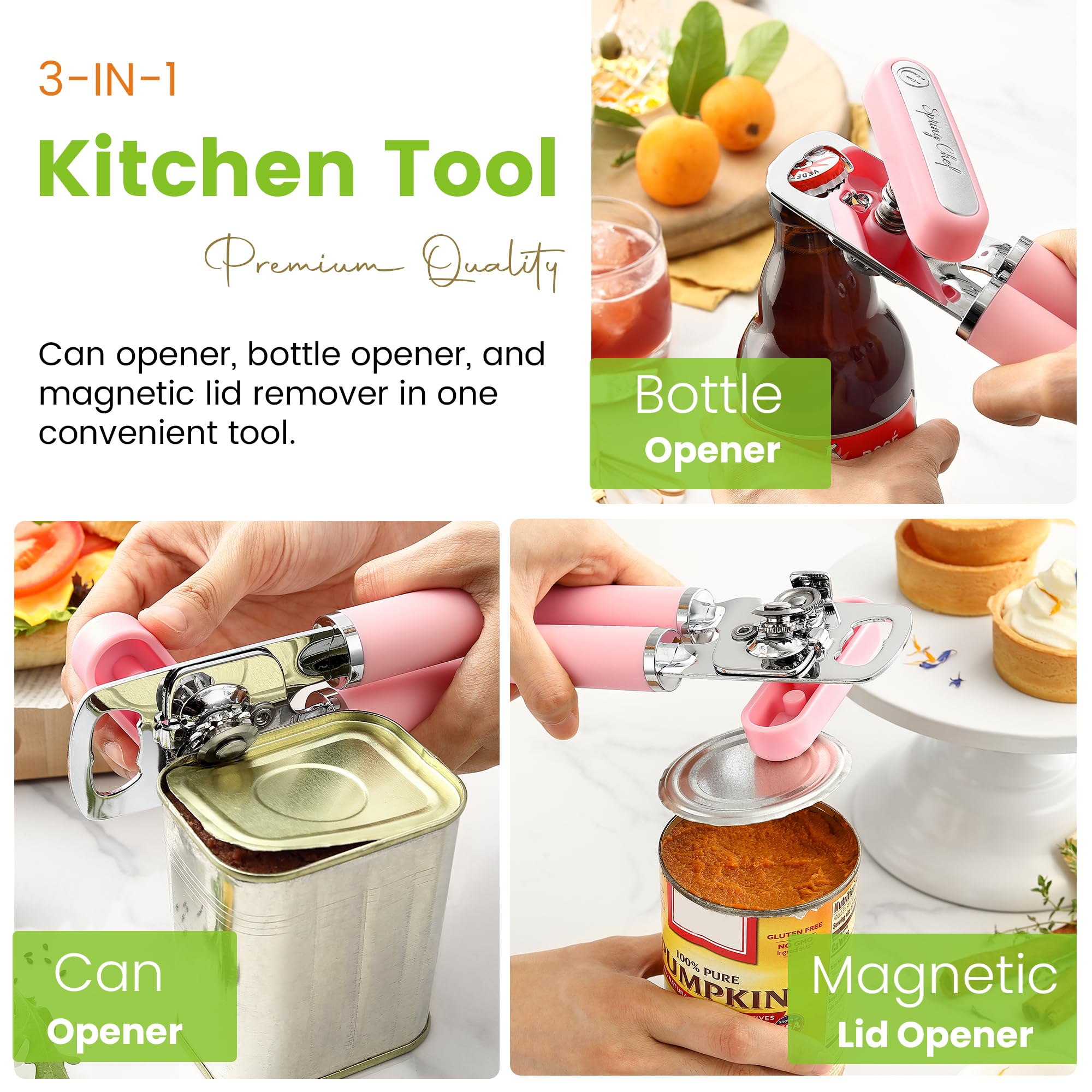 Spring Chef Stainless Steel Can Opener - Manual with Soft Grip Handles, Easy Turn, Heavy Duty Hand Can Openers for Seniors with Smooth Edge - Magnetic Lid Remover - Black