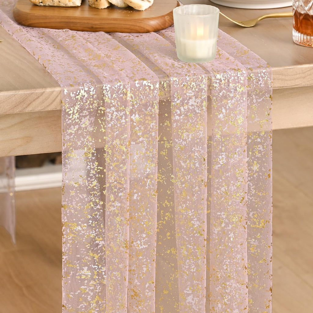 Artoid Mode Beige Gold Gauze Table Runner 120 Inch 10FT, Glitter Metallic Foil Sheer Dining Wedding Anniversary Holiday Birthday Table Decor for Home Party