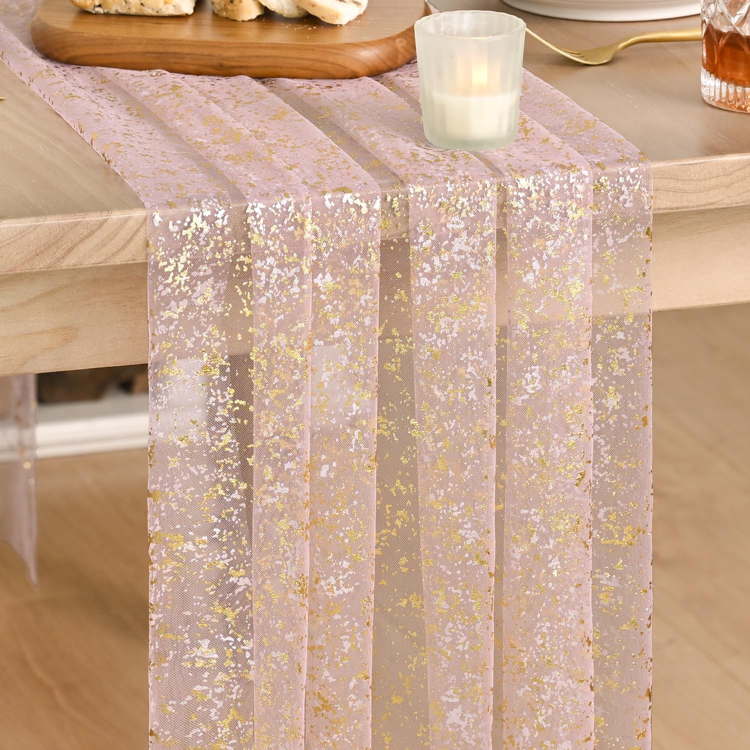 Artoid Mode Beige Gold Gauze Table Runner 120 Inch 10FT, Glitter Metallic Foil Sheer Dining Wedding Anniversary Holiday Birthday Table Decor for Home Party