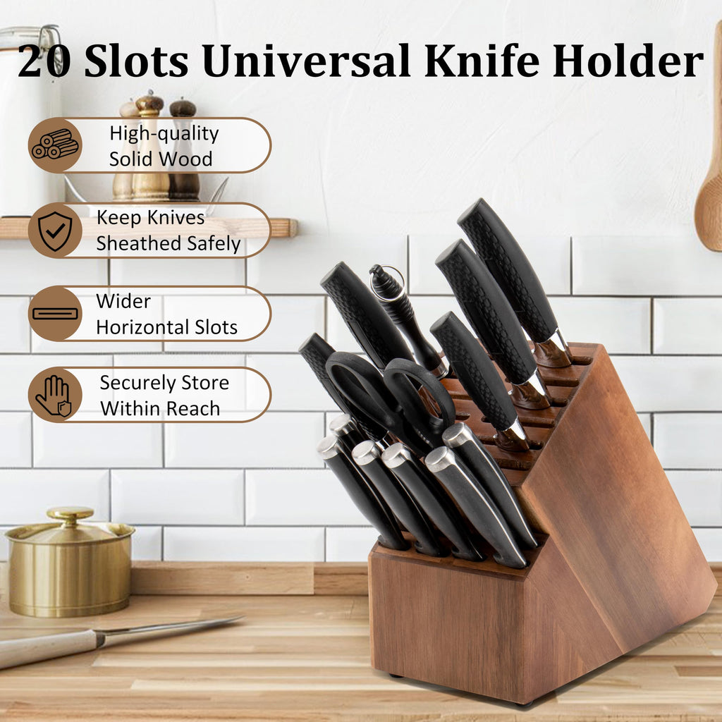 20 Slot Knife Block Storage without Knives,Acacia Wood Universal Knife Holder for Kitchen Countertop,Large Butcher Block Organizer,Easy Kitchen Knife Storage (Black)
