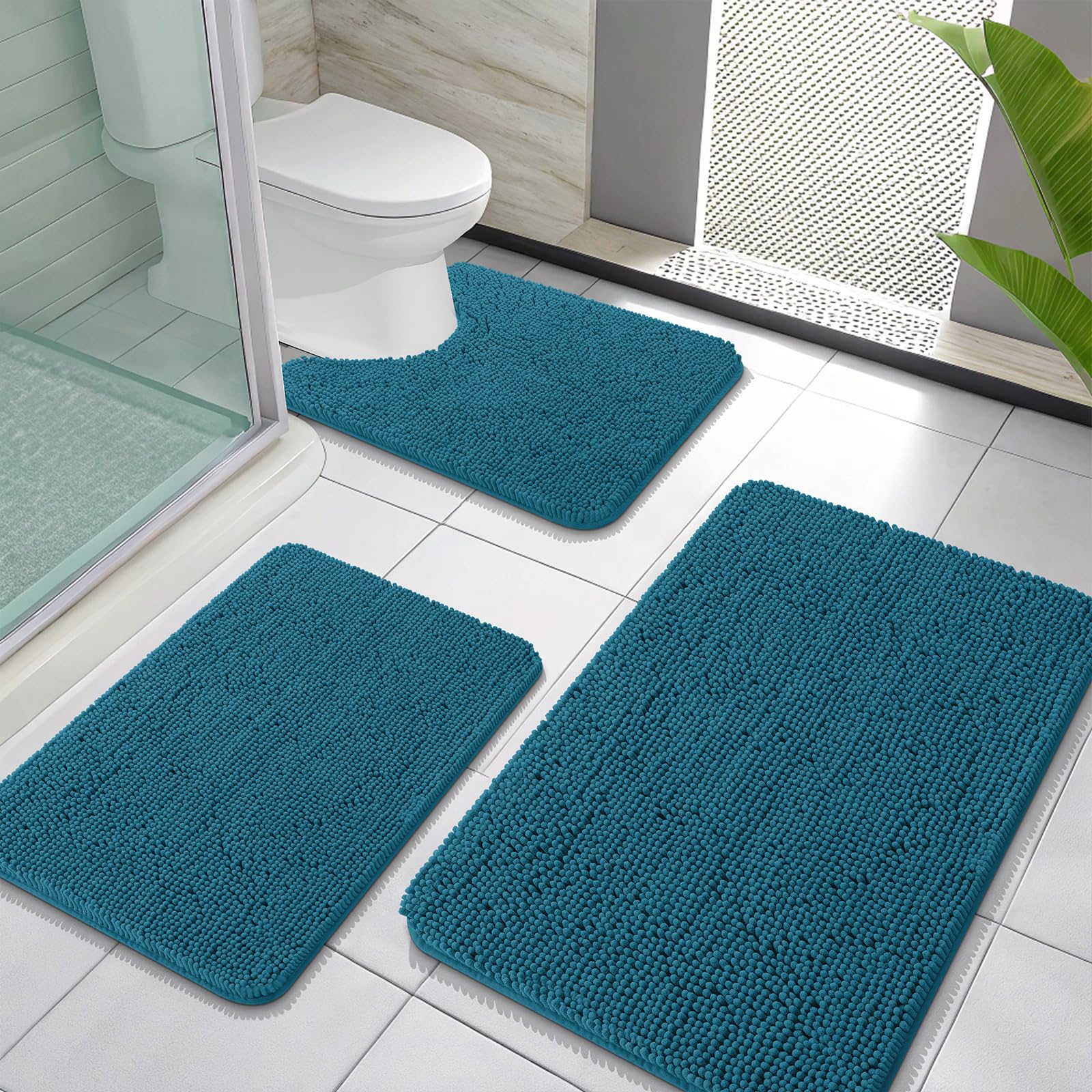 OLANLY Bathroom Rugs Sets 3 Piece, Soft Absorbent Chenille Bath Mats and U-Shaped Contour Toilet Rug, Quick Dry, Home Decor Accessories, Bath Mat Set for Bathroom (30"x20"+24"x16"+24"x20", Grey)