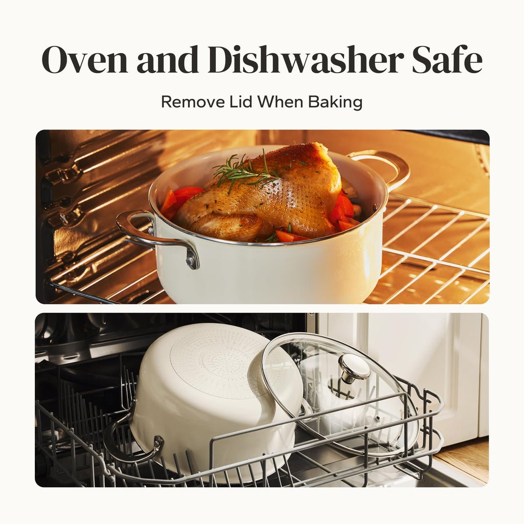 Redchef Ceramic Stock Pot with Lid, Soup Pot for All Stoves, 5 Qt Induction Cooking Pot for Soup Nonstick, Even Heating, Stay-Cool Handles, Oven/Dishwasher Safe, PTFE PFAS Free (Beige)