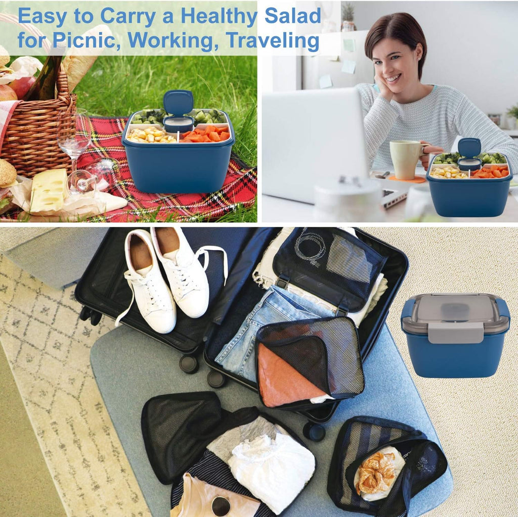 Freshmage Plastic Double-Layer Bento Box and Salad Lunch Container with 3 Compartments