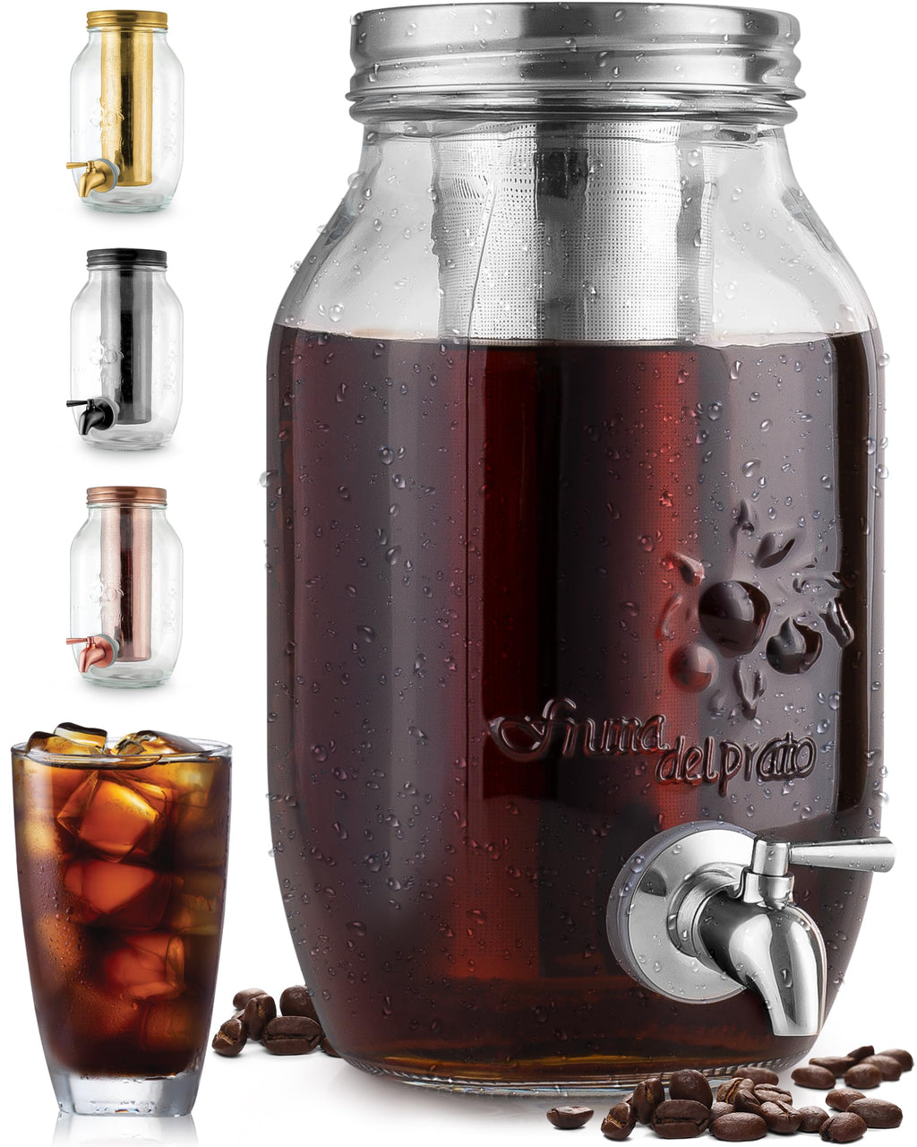 Zulay 1 Gallon/128oz Cold Brew Coffee Maker – Thick Glass Pitcher with Stainless Steel Filter, Lid & Spout – Large Mason Jar Container Dispenser - Iced Coffee & Sun Tea Brewer for Fridge – Silver