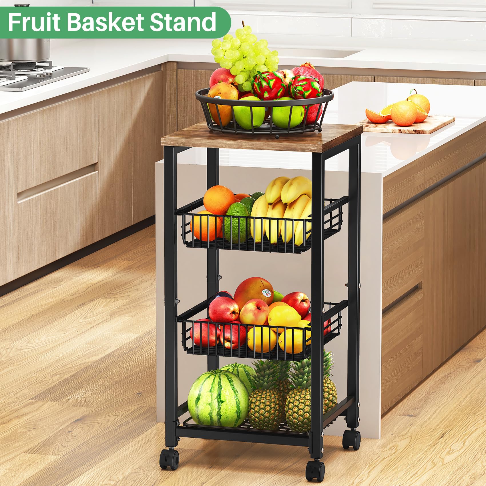 SNTD Fruit Basket Vegetable Stand for Kitchen Pantry, Pull Out Metal Wire Basket with Wood Top for Fruit Vegetable Onions Potatoes Snacks