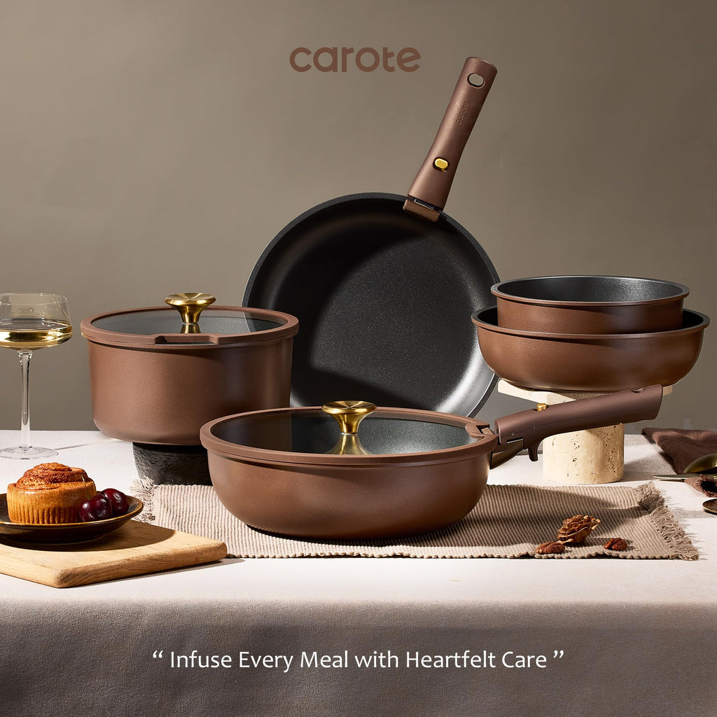 CAROTE 21pcs Pots and Pans Set, Nonstick Cookware Set Detachable Handle, Induction Kitchen Cookware Sets Non Stick with Removable Handle, RV Cookware Set, Gold and Purple
