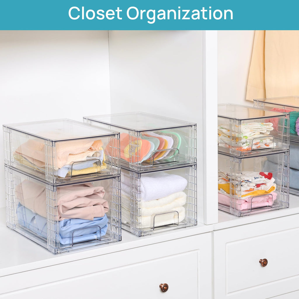 Vtopmart 4 Pack Large Stackable Storage Drawers,Easily Assemble Acrylic Bathroom Closet Undersink Organizers and Storage,Plastic Bins for Kitchen Cabinets,Pantry,Makeup,Medicine Organization