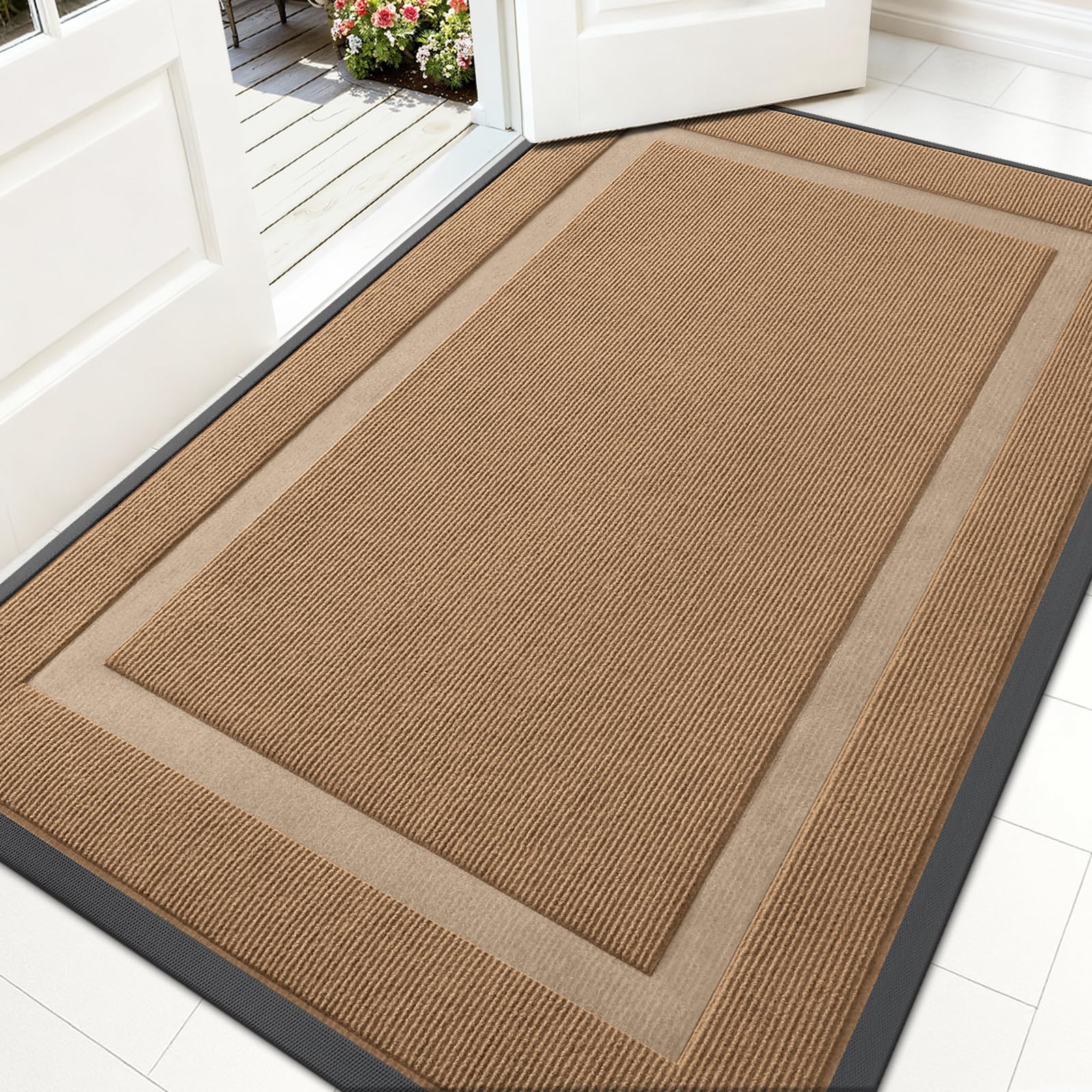 OLANLY Front Door Mat Indoor Outdoor Entrance, Waterproof All-Season, All-Weather Doormat, Sturdy Natural Rubber, Fade Resistant, Low Profile, Easy Clean Patio Porch Entryway Mat, 29.5x17, Black