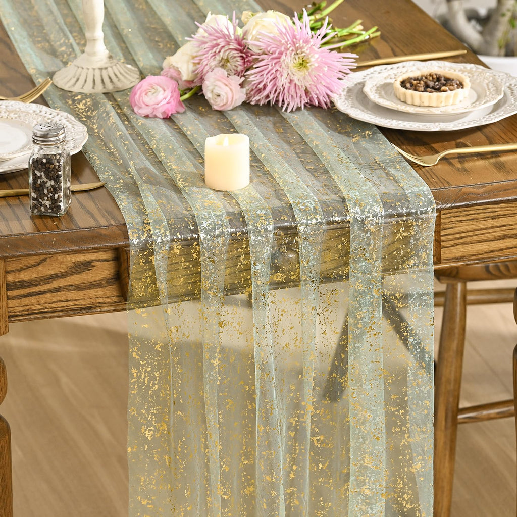 Artoid Mode Beige Gold Gauze Table Runner 120 Inch 10FT, Glitter Metallic Foil Sheer Dining Wedding Anniversary Holiday Birthday Table Decor for Home Party