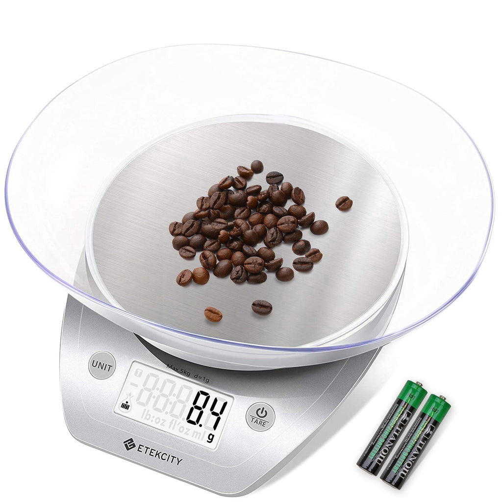 Etekcity 0.1g Food Kitchen Scale, Bowl, Digital Grams and Ounces for Weight Loss, Dieting, Baking, Cooking, and Meal Prep, 11lb/5kg, Stainless Steel Silver
