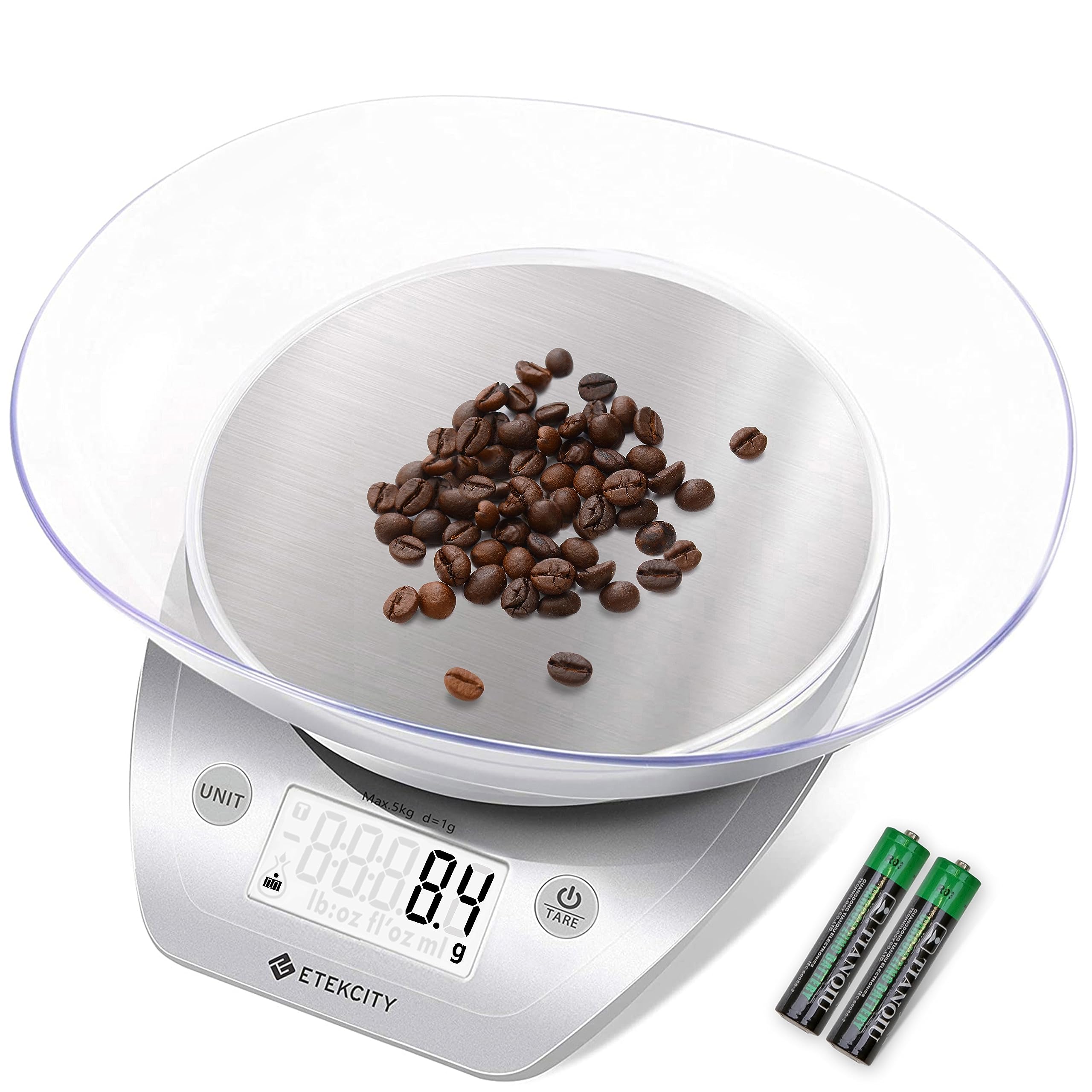Etekcity 0.1g Food Kitchen Scale, Bowl, Digital Grams and Ounces for Weight Loss, Dieting, Baking, Cooking, and Meal Prep, 11lb/5kg, Stainless Steel Silver