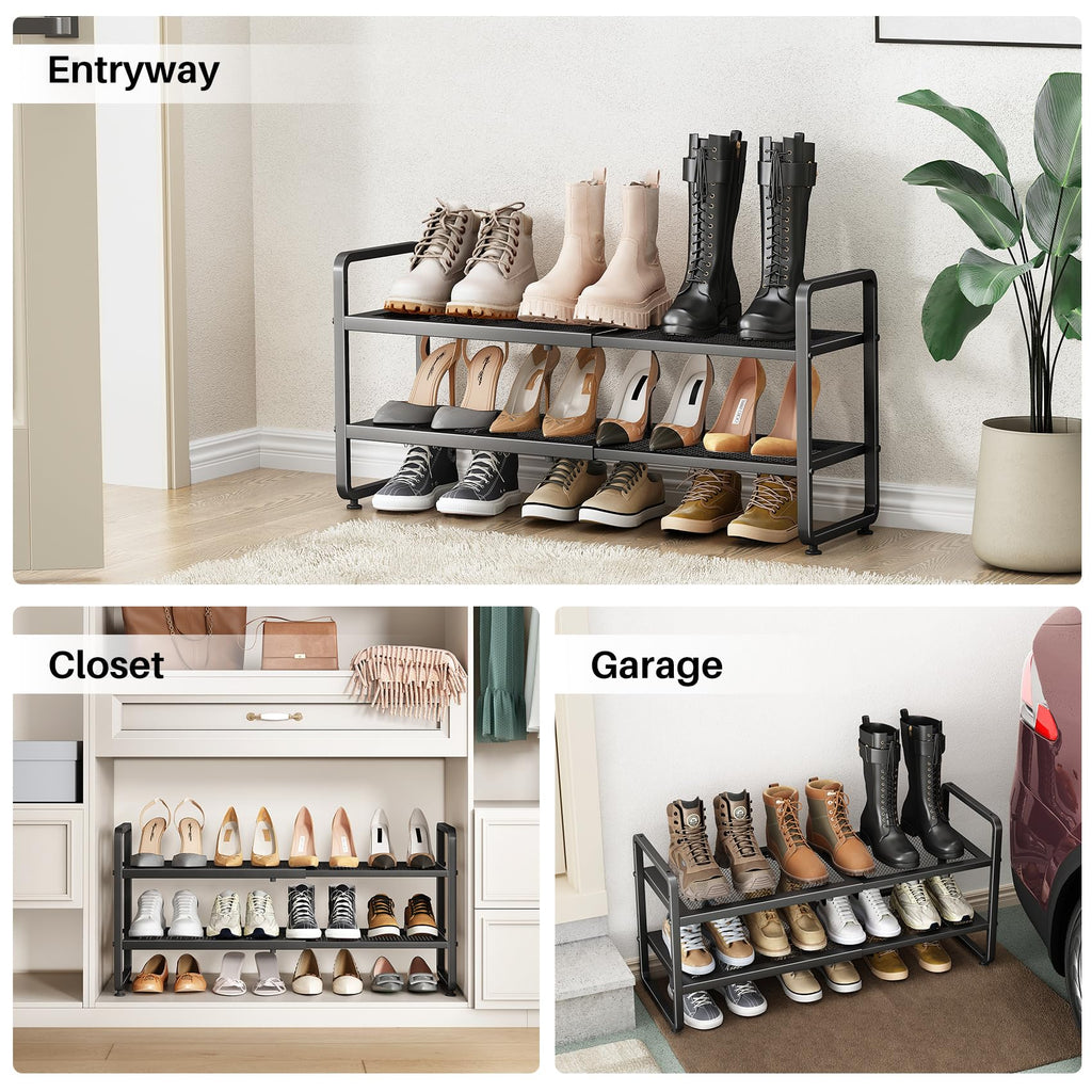 SNTD Shoe Rack - Expandable Shoe Organizer for Closet, Adjustable Metal Shoe Shelf Storage, Stackable Long Shoe Stand Holder for Garage, Entryway, Door Entrance (Black, 2-Tier)