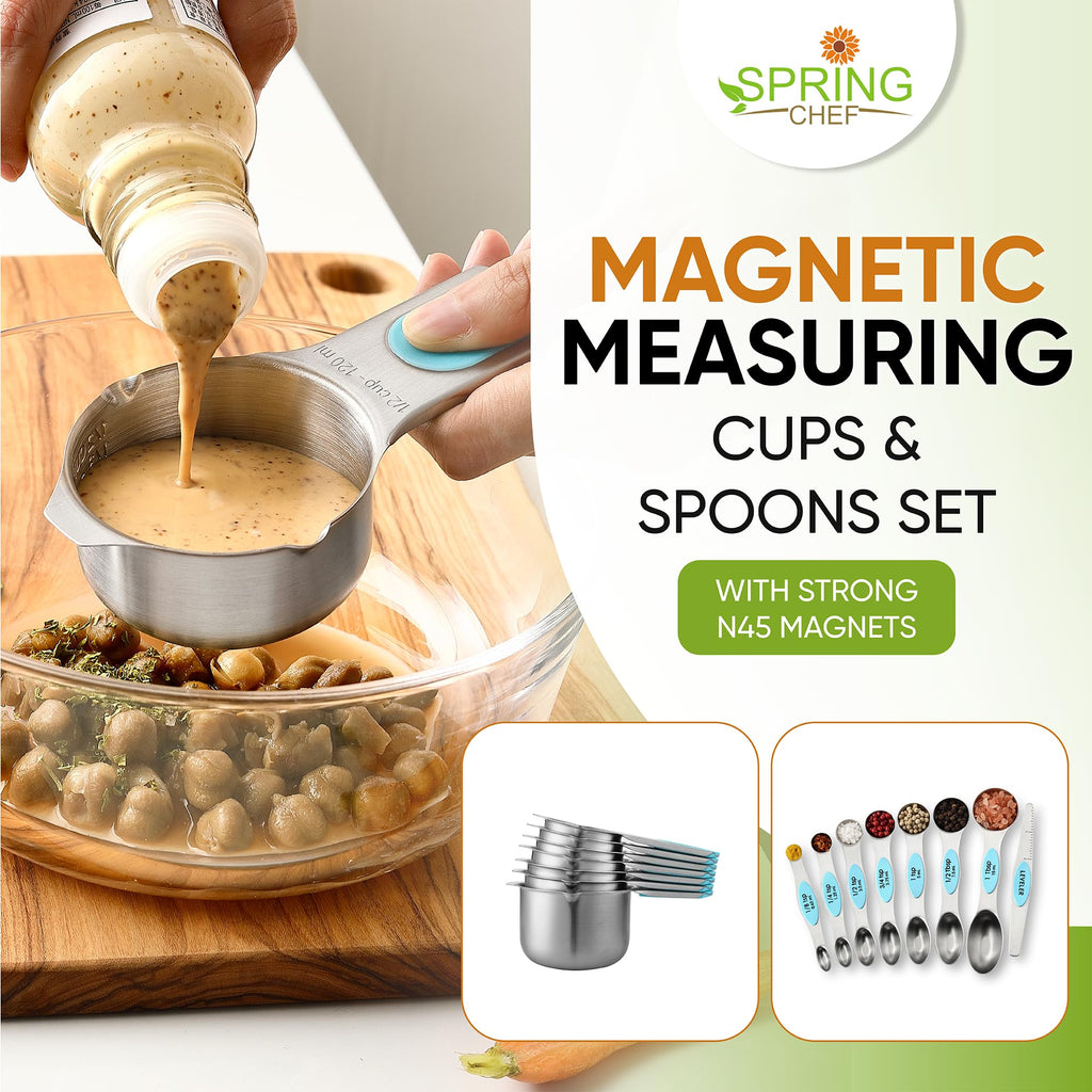 Spring Chef Magnetic Measuring Cups & Spoons Set, Patented, Strong N45 Magnets, Heavy Duty Stainless Steel Fits in Spice Jars for Baking & Cooking, BPA Free, Round Set of 15 with Leveler, Black