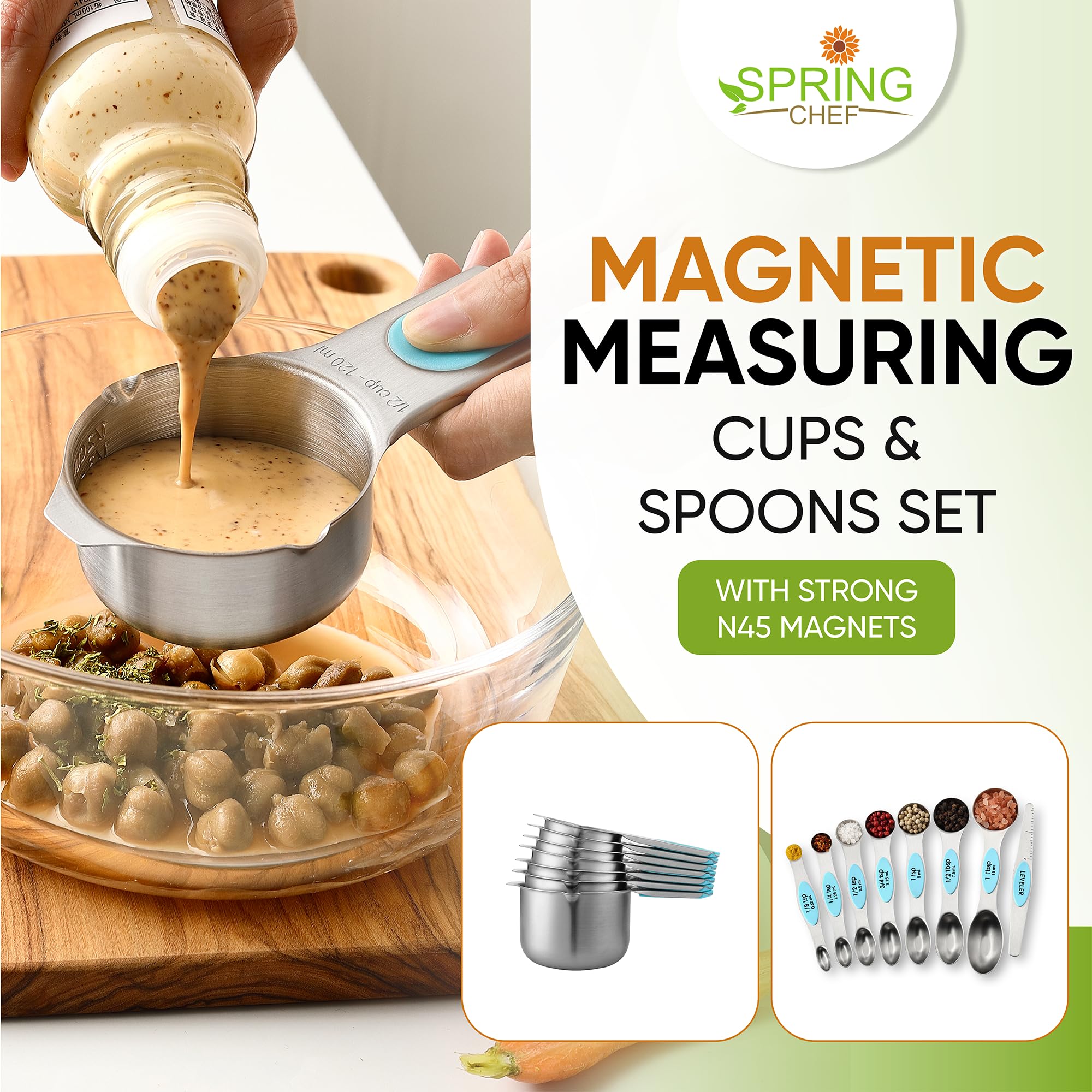 Spring Chef Magnetic Measuring Cups & Spoons Set, Patented, Strong N45 Magnets, Heavy Duty Stainless Steel Fits in Spice Jars for Baking & Cooking, BPA Free, Round Set of 15 with Leveler, Black