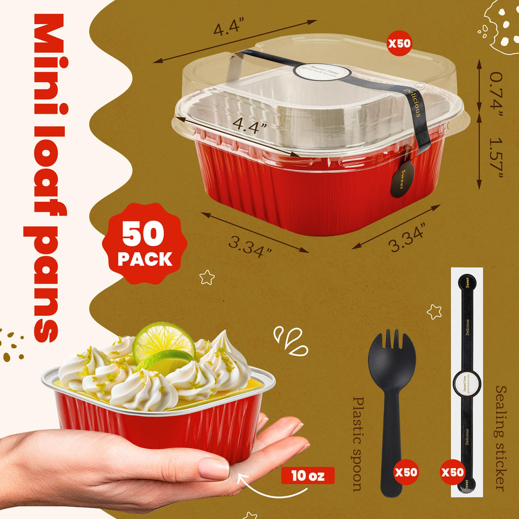 50 Pcs Mini Cake Pans with Lids and Spoons Aluminum Foil Mini Square Baking Cups with Lids Disposable Ramekins Cake Pans Dessert Cups for Wedding Birthday Party(Pink,5oz)