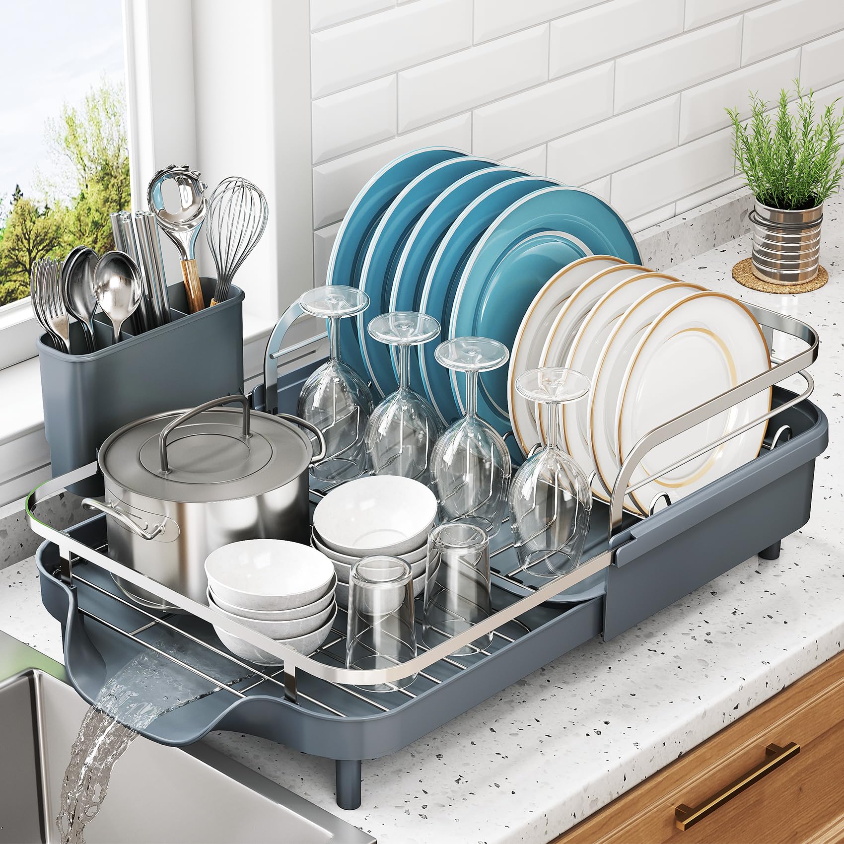 SNTD Dish Drying Rack, Expandable Dish Rack for Kitchen Counter, Stainless Steel Dish Drainer with Drainboard Set and Utensil Holder (Black)