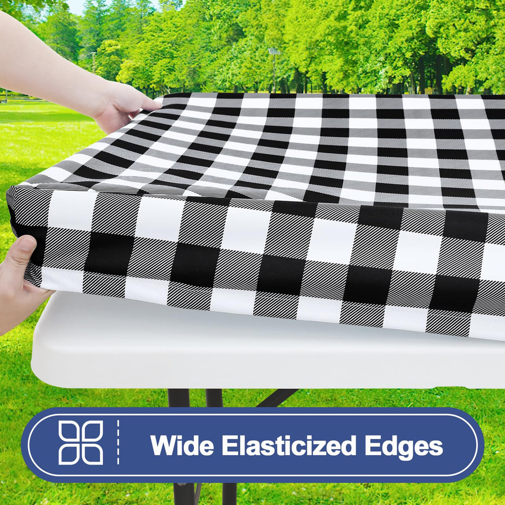 Smiry Picnic Table Cover with Bench Covers, Waterproof Elastic Fitted Tablecloths for 6 Foot Rectangle Tables, Washable Buffalo Plaid Tablecloth for Camping, Outdoor (Black & White, 30"x72")