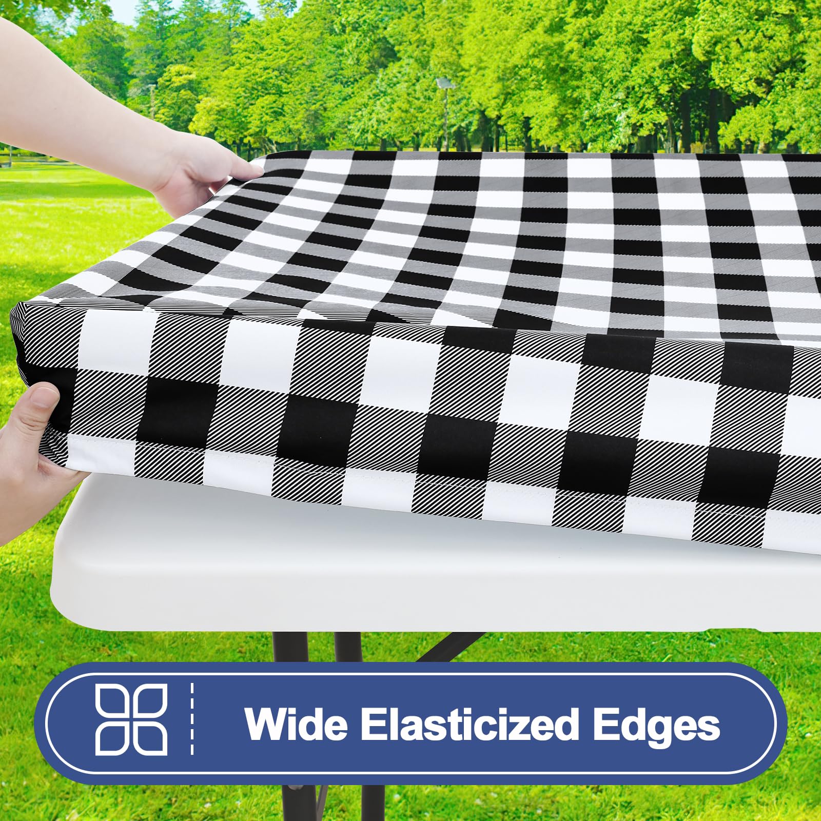 Smiry Picnic Table Cover with Bench Covers, Waterproof Elastic Fitted Tablecloths for 6 Foot Rectangle Tables, Washable Buffalo Plaid Tablecloth for Camping, Outdoor (Black & White, 30"x72")