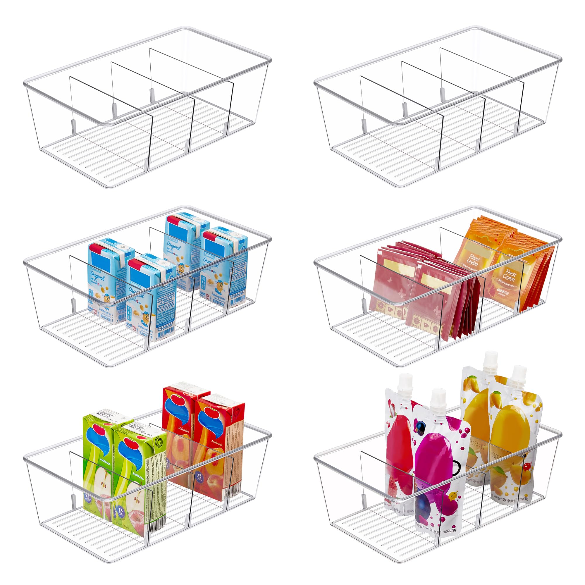 Vtopmart 8 Pack Food Storage Organizer Bins, Clear Plastic Bins for Pantry, Kitchen, Fridge, Cabinet Organization and Storage, 4 Compartment Holder for Packets, Snacks, Pouches, Spice Packets
