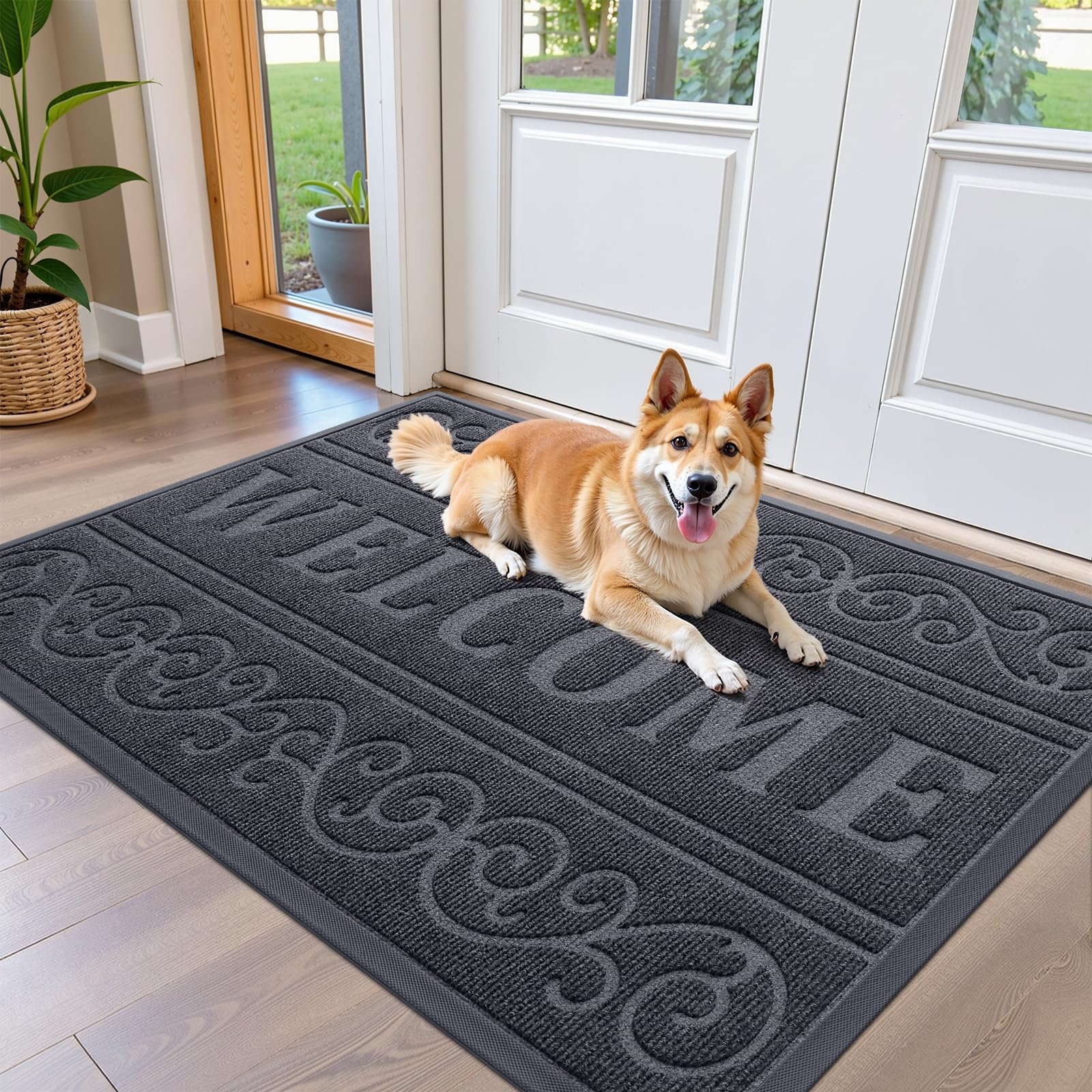 OLANLY Front Door Mat Outside Entrance 29.5x17, Absorbent, Heavy Duty Sturdy Natural Rubber Doormat Indoor Outdoor, Stain and Fade Resistant, Non-Slip Backing Low Profile Floor Mat for Entryway, Grey