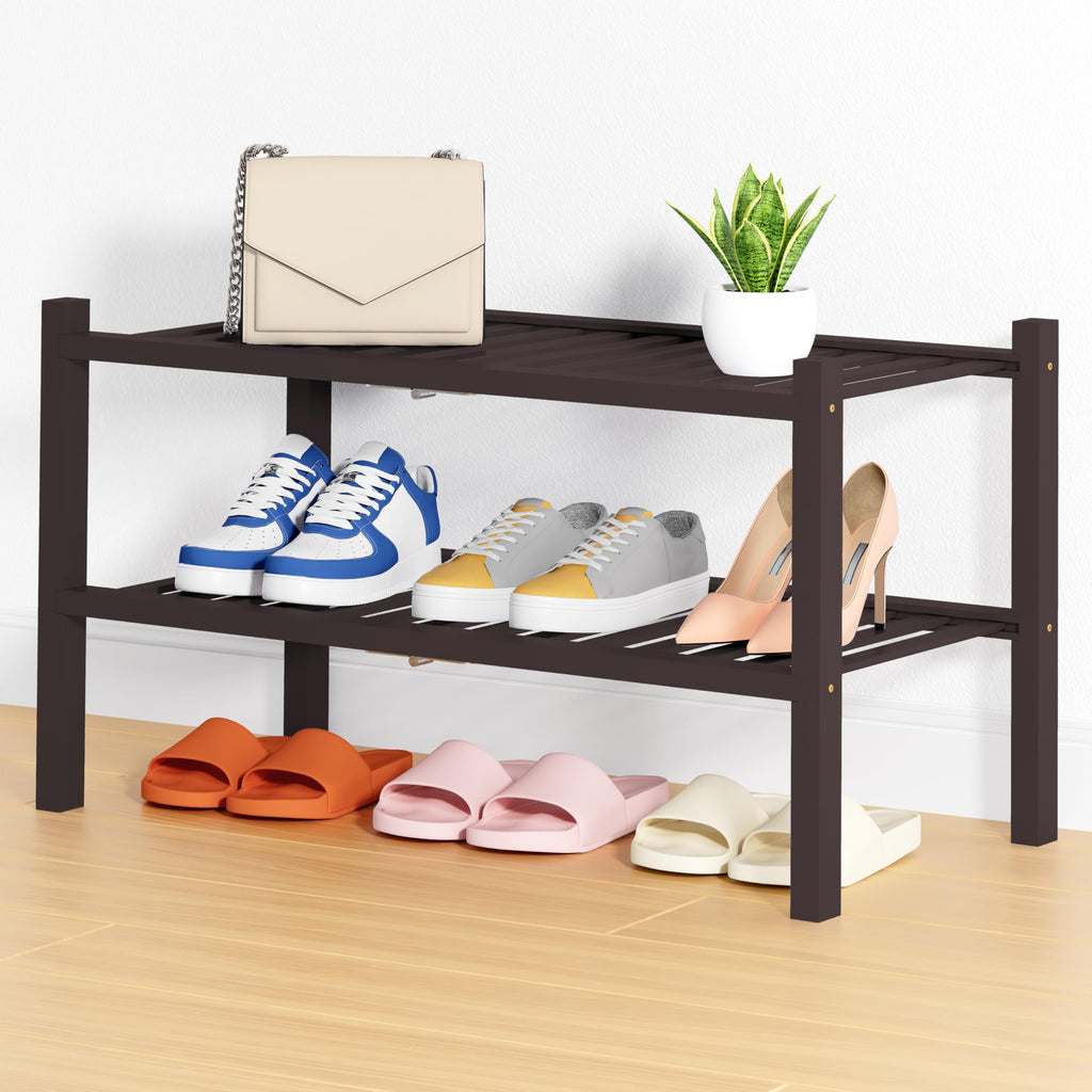Smiry Shoe Rack, 3 Tier Bamboo Shoe Organizer, Stackable Free Standing Wooden Shoe Storage Shelf for Closet, Entryway, Front Door Entrance, Natural