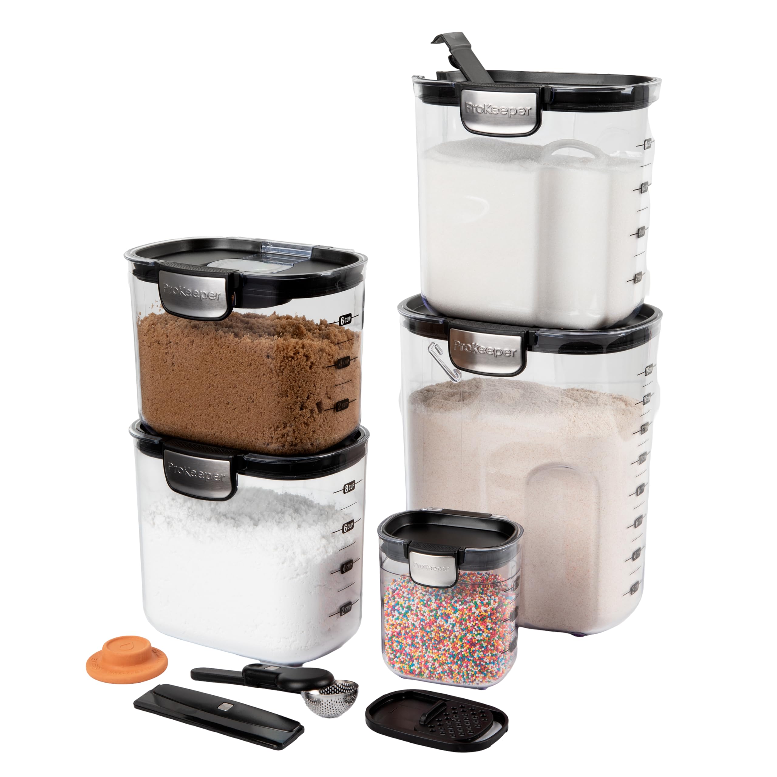 ProKeeper+ Airtight Food Storage Container Set – Clear Plastic Flour and Sugar Canister Set with Magnetic Accessories for Kitchen Organization (Grey, 9-Piece)