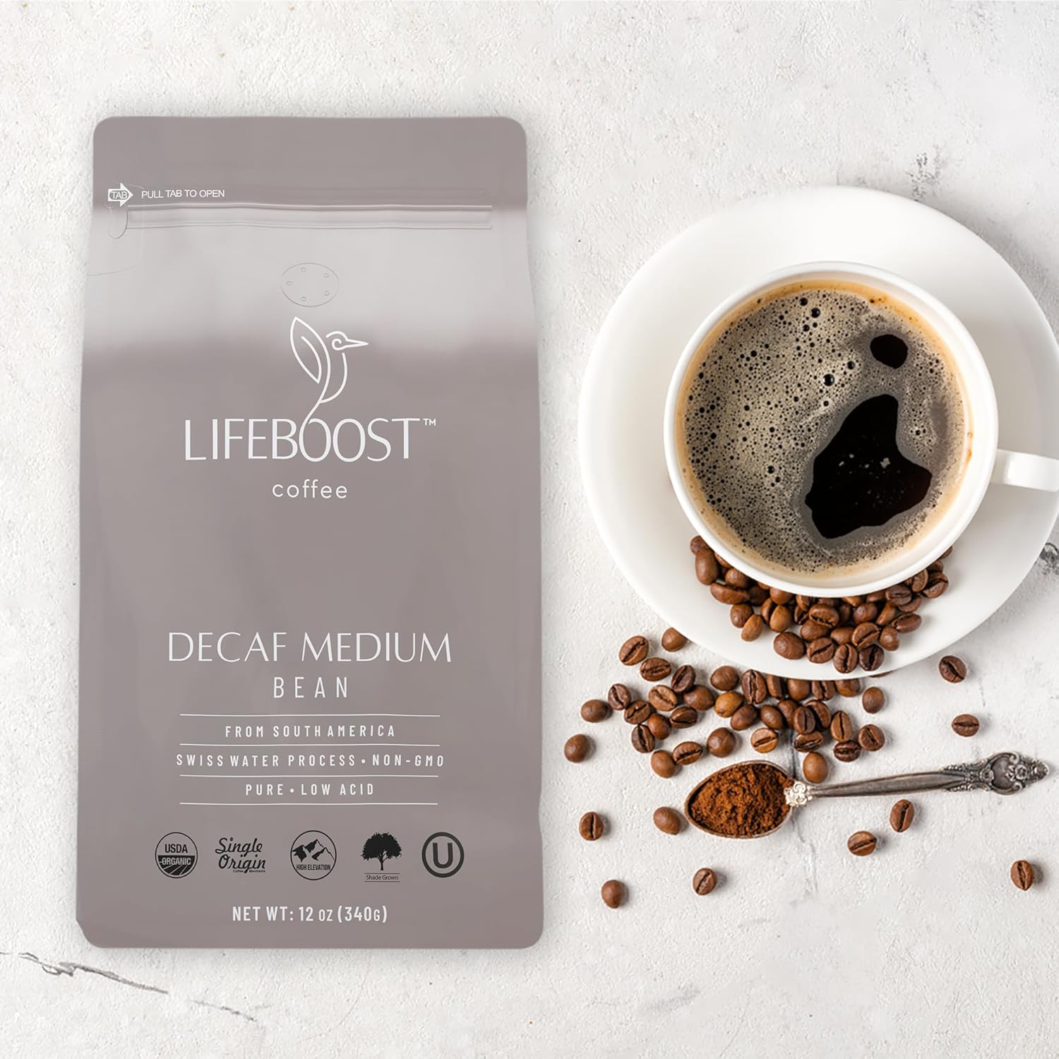 Lifeboost Medium Roast Swiss Water Decaf Whole Bean Coffee - Low Acid Organic Decaf Coffee, Non-GMO, USDA Organic, Single Origin, Third-Party Tested for Mycotoxins & Pesticides - 12 oz Bag
