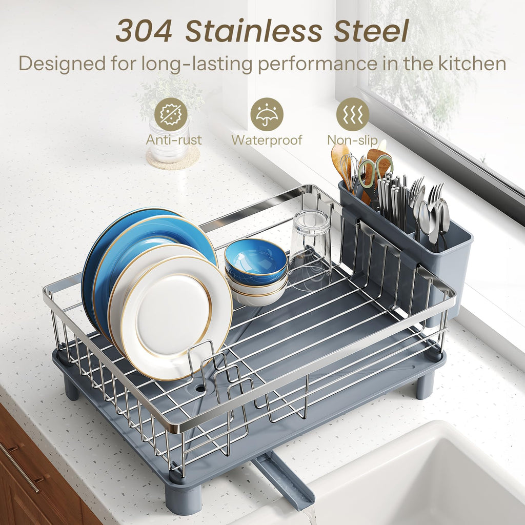 SNTD Dish Drying Rack - Small Dish Rack for Kitchen Counter, Stainless Steel Dish Drainer with Utensil Holder and Drainboard, 11" W x 15" L (Black)