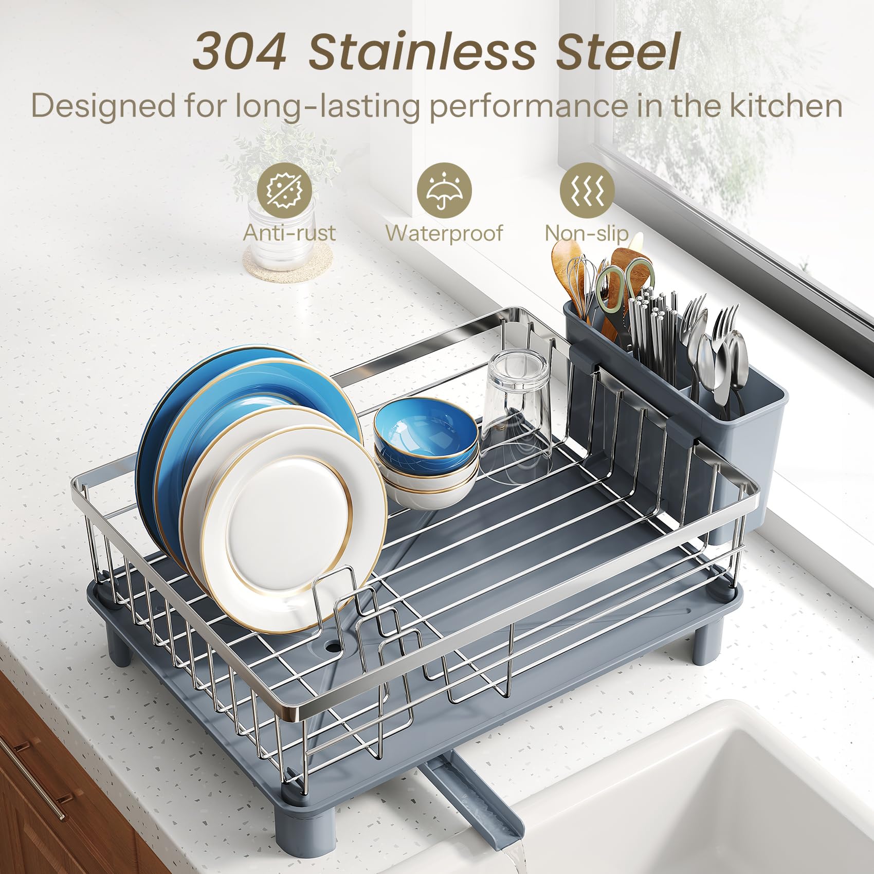 SNTD Dish Drying Rack - Small Dish Rack for Kitchen Counter, Stainless Steel Dish Drainer with Utensil Holder and Drainboard, 11" W x 15" L (Black)