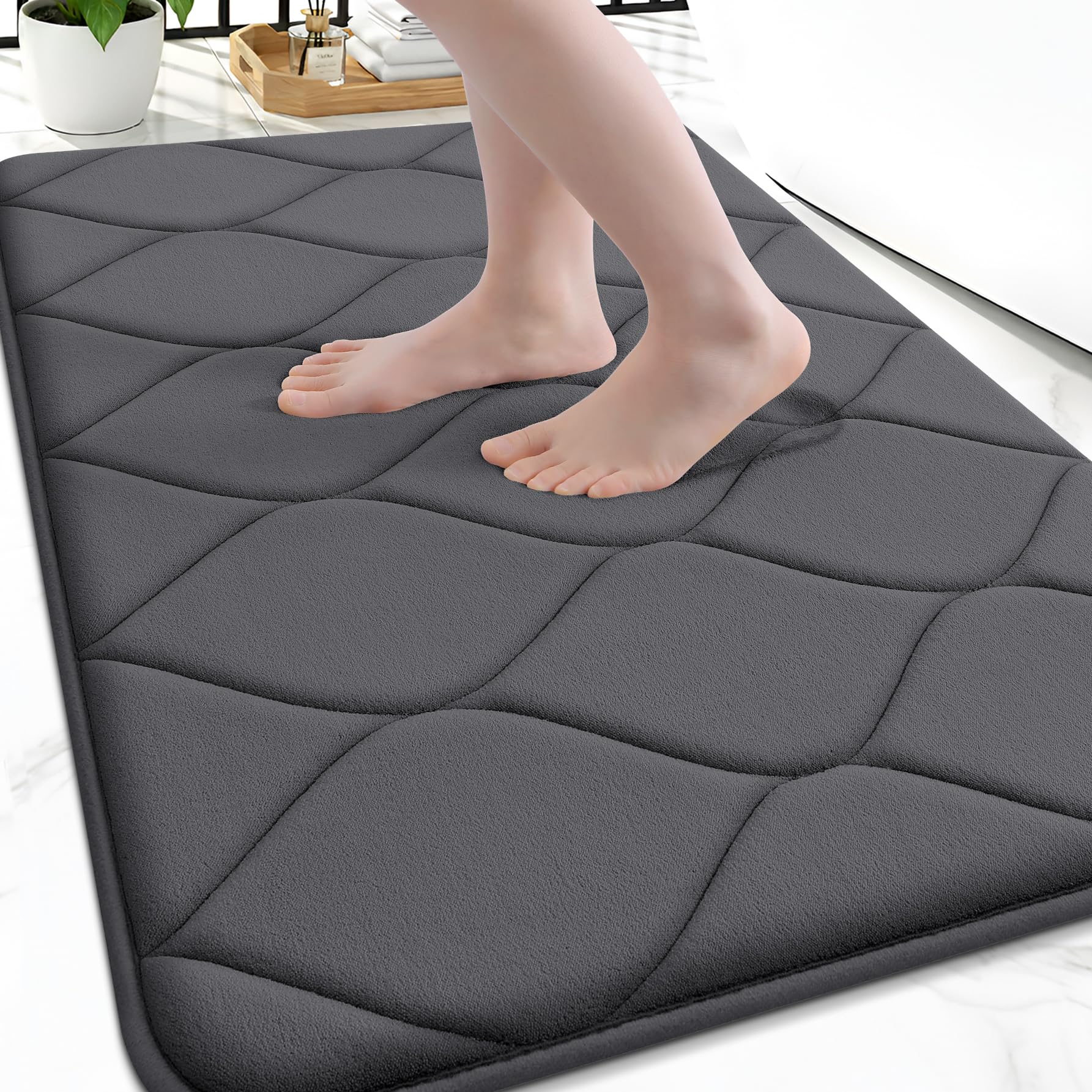 Smiry Memory Foam Bath Mat 30''x20'', Ultra Soft Non-Slip Bathroom Rug, Plush Water Absorbent Quick Dry and Machine Washable Floor Mat for Shower, Tub & Home Decor, Grey