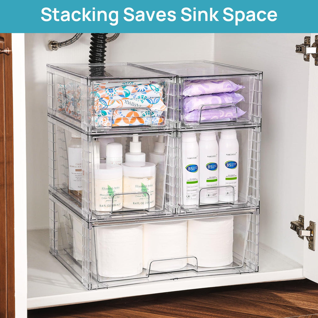 Vtopmart 3 Pack Stackable Storage Drawers, Easily Assemble Acrylic Bathroom Undersink Organizers,Clear Plastic Storage Bins for Closet,Cabinet,Pantry,Medicine Organization