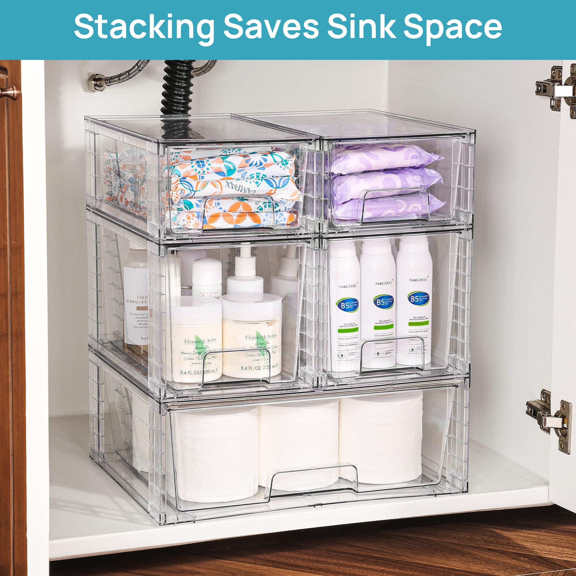 Vtopmart 3 Pack Stackable Storage Drawers, Easily Assemble Acrylic Bathroom Undersink Organizers,Clear Plastic Storage Bins for Closet,Cabinet,Pantry,Medicine Organization