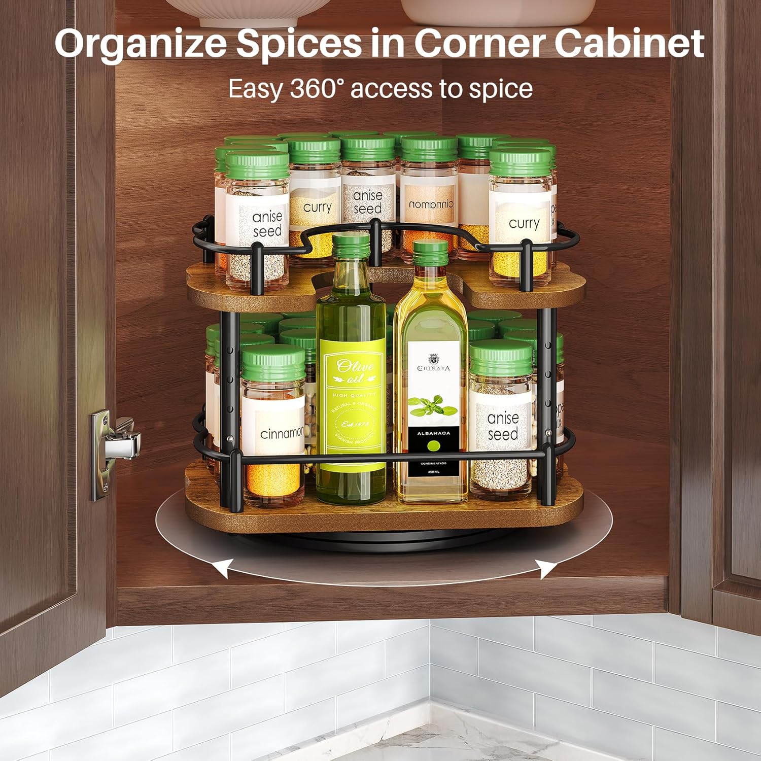 Spice Rack Organization for Cabinet - Height Adjustable Rotating Lazy Susan Organizer, Spice Organizer Fits Cabinets Wide＞ 11 inches, Clearance Height ＞10.5 inches