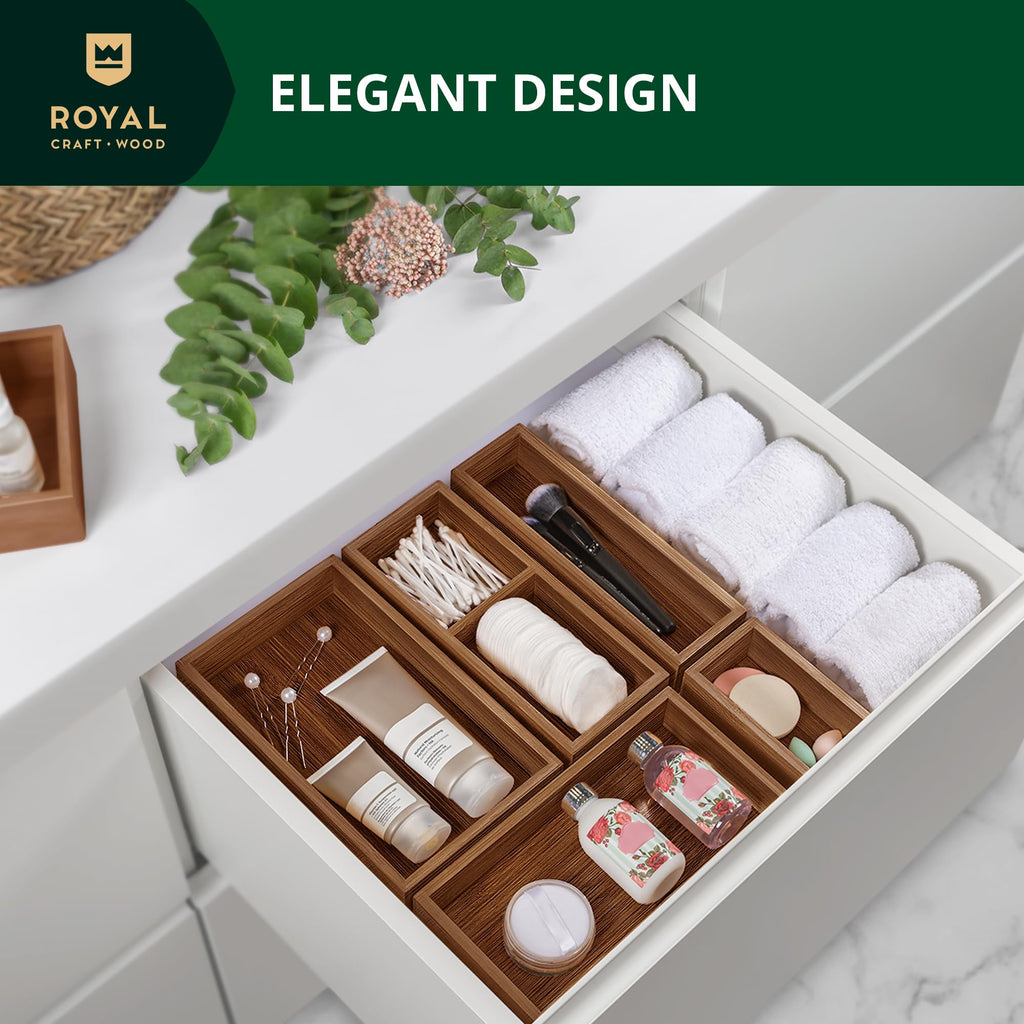 ROYAL CRAFT WOOD 5-Piece Bamboo Drawer Organizer Set – Multi-Use Storage Trays for Kitchen, Bathroom, Office, Makeup, Jewelry & More – Junk Drawer Tray, Utensil Holder, Storage Box & Bin Set (5 Boxes)
