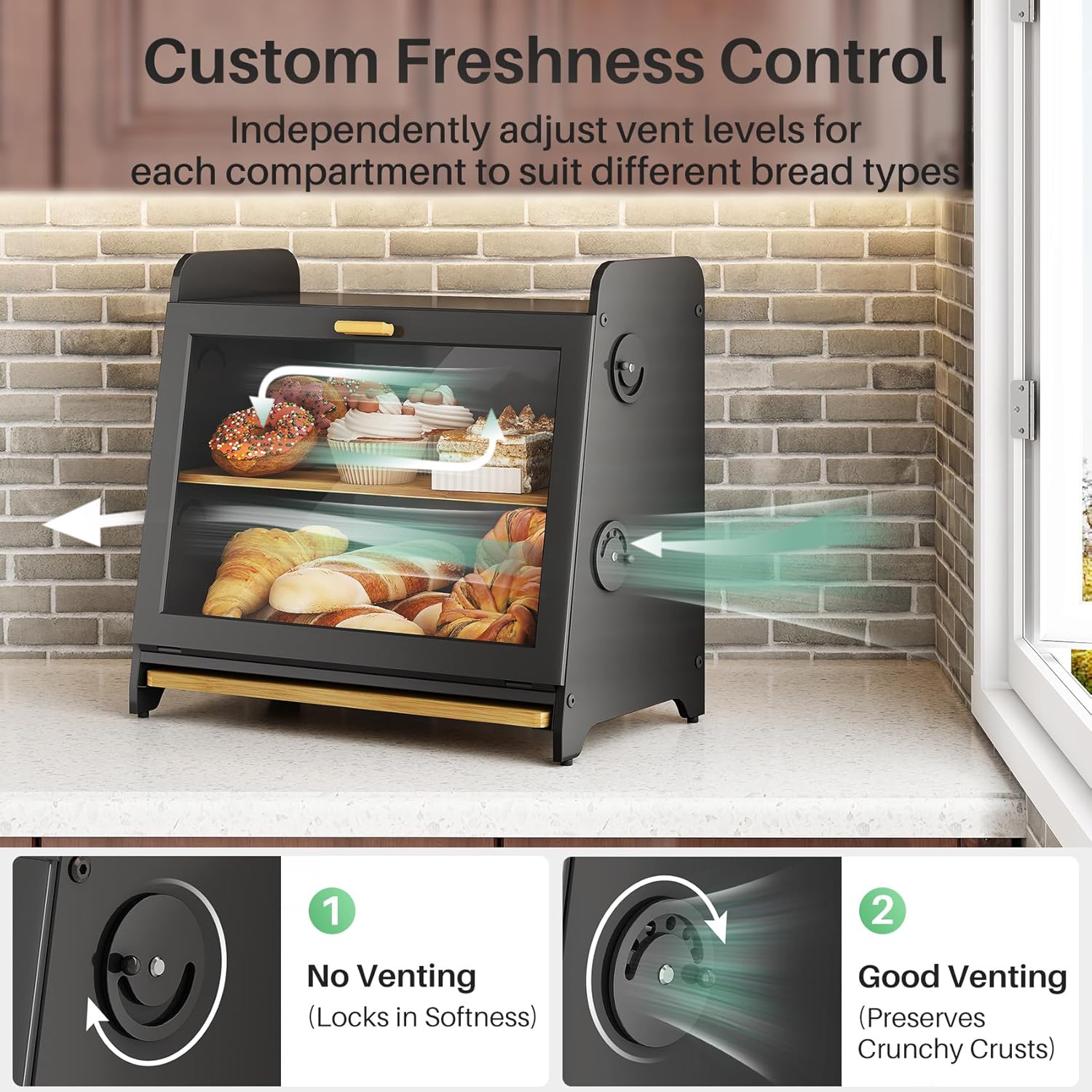 SNTD Bread Box for Kitchen Countertop, Airtight Homemade Bread Storage Container with Adjustable Vent Holes, Bamboo Cutting Board (Black, L)